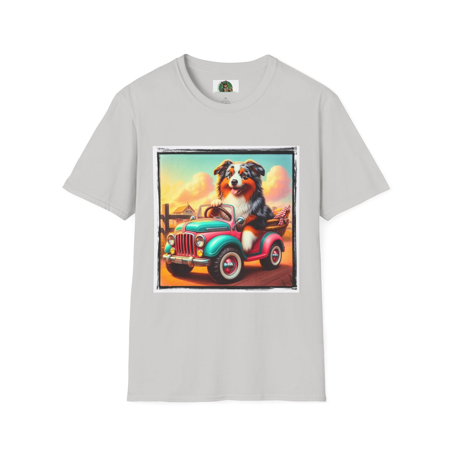 Wacky Australian Shepherd Dog In Mini Truck T-Shirt Printify S Ice Grey
