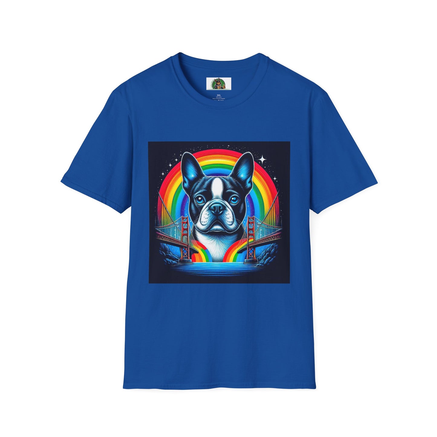 Boston Terrier Dog Overlooking Rainbow Bridge T-Shirt Printify XS Royal 