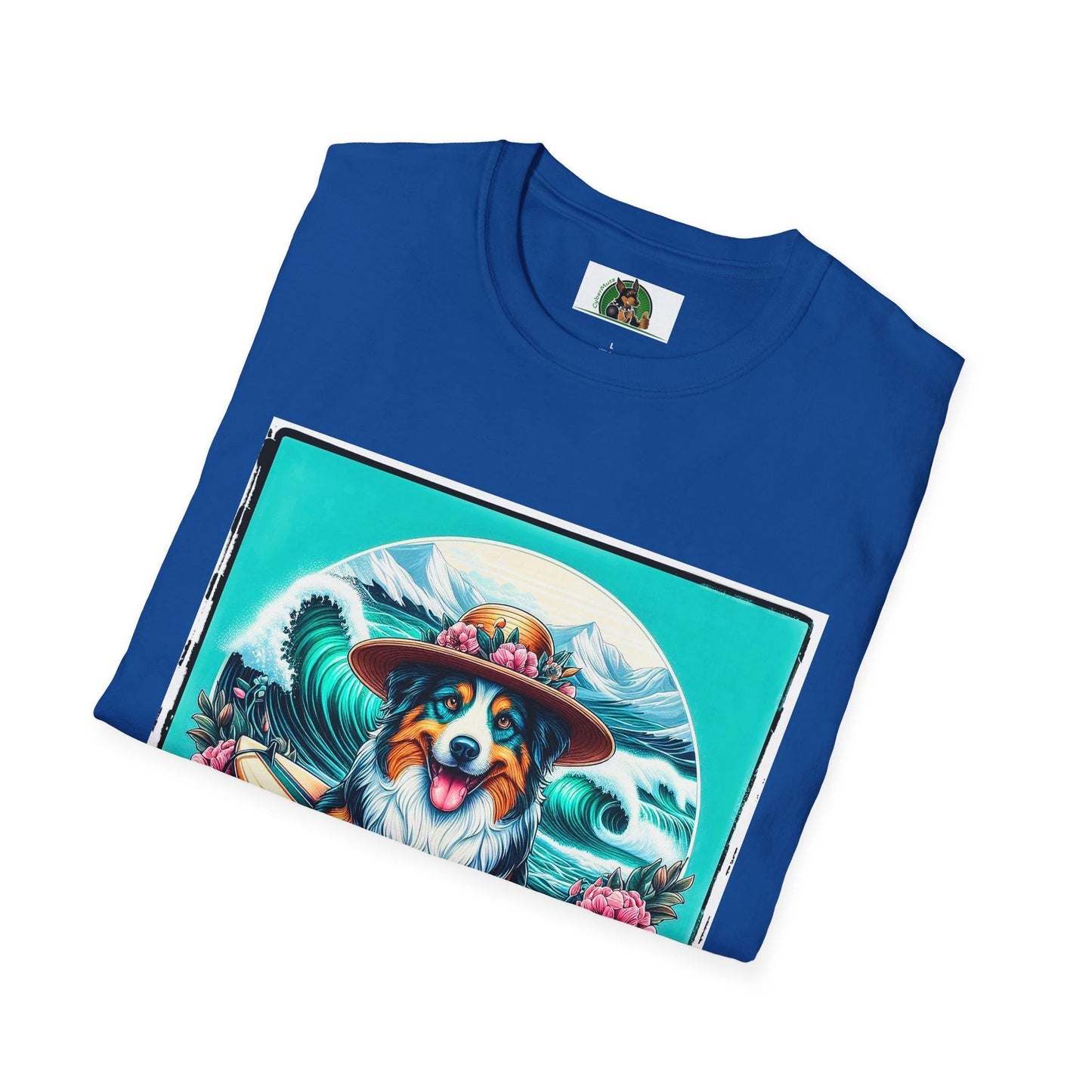 Australian Shepherd Unisex Tee With Floral Hat Surfer Dog Design For Ocean Lovers T-Shirt Printify