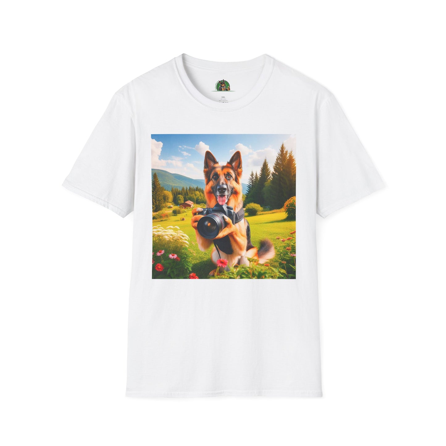 German Shepherd taking photos shirt T-Shirt Printify White S