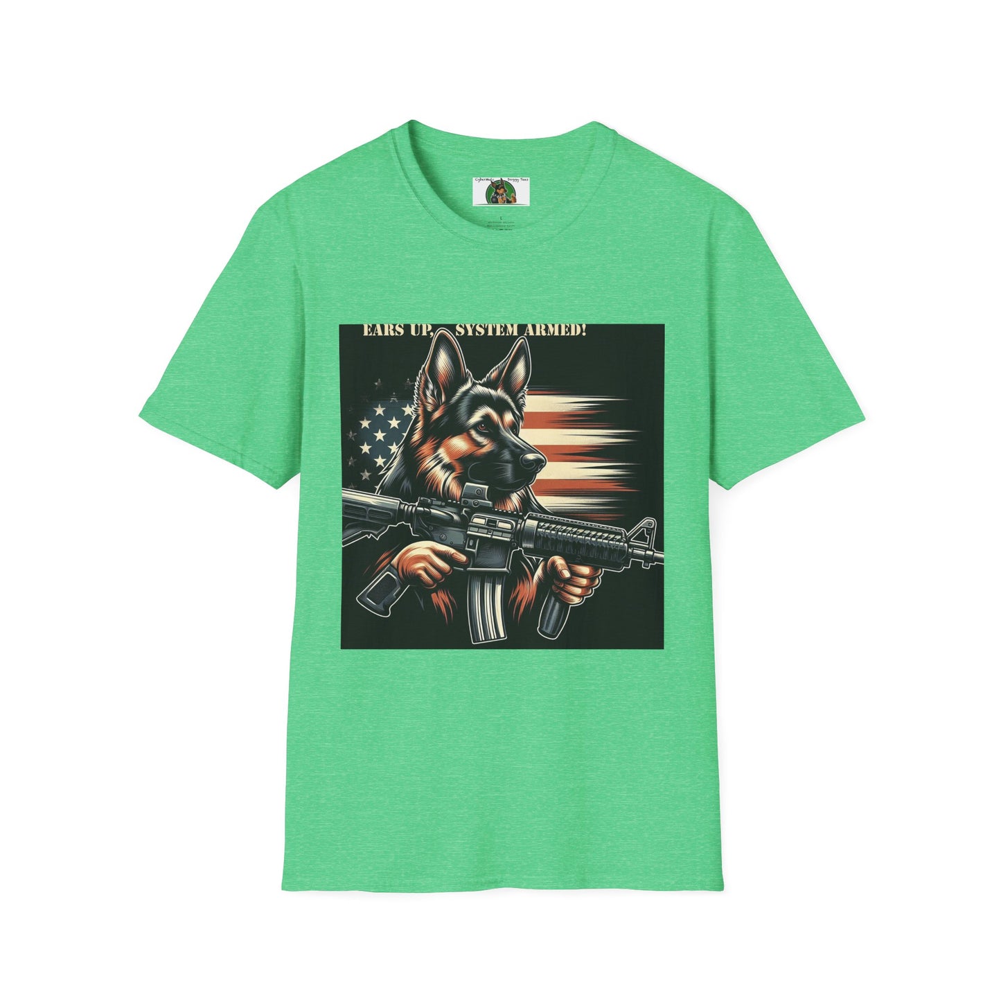 Mis·cel·la·ne·ous German Shepherd "Ears Up, System Armed" T-Shirt Printify S Heather Irish Green 