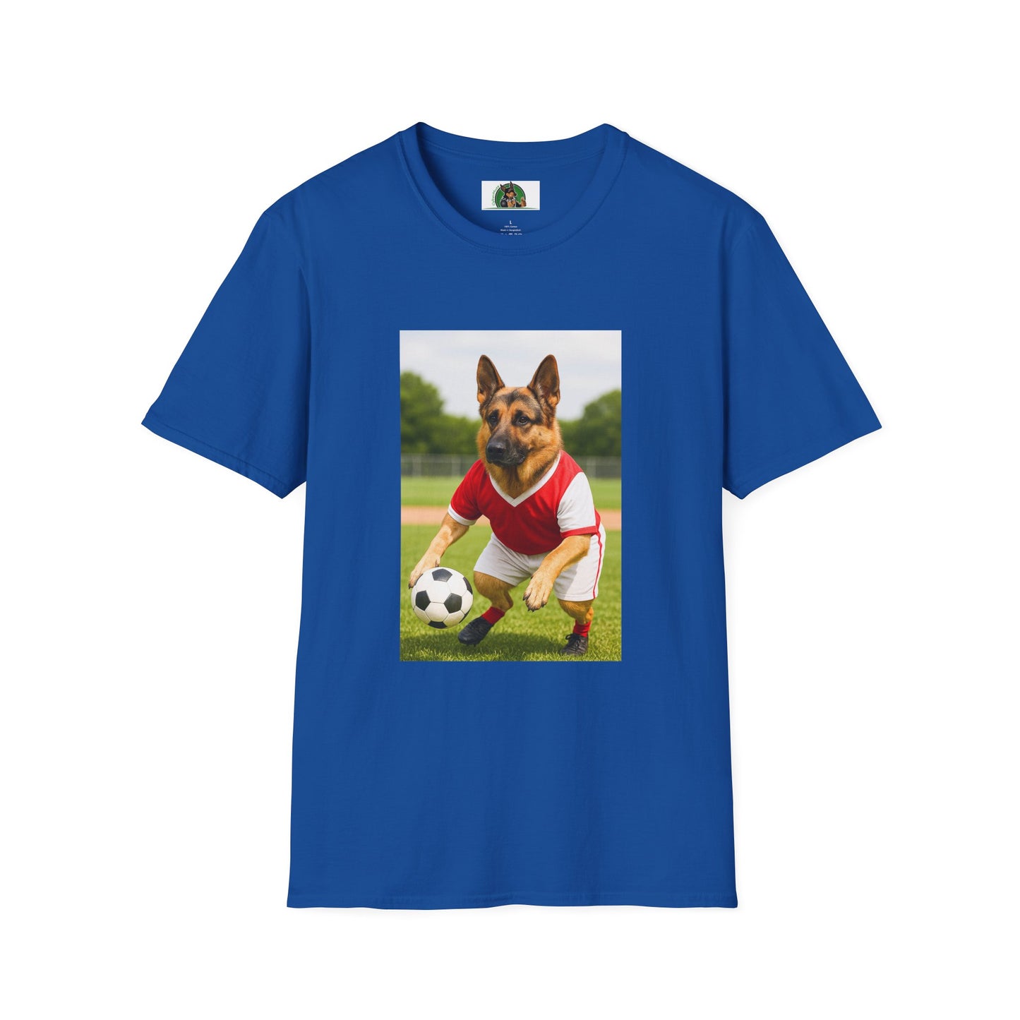 German Shepherd Soccer T-Shirt — Sports Dog Playing Soccer T-Shirt Printify Royal XS