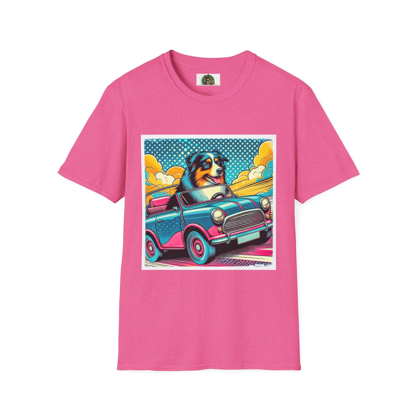 Wacky Australian Shepherd Dog In Colorful Car T-Shirt Printify S Heather Heliconia
