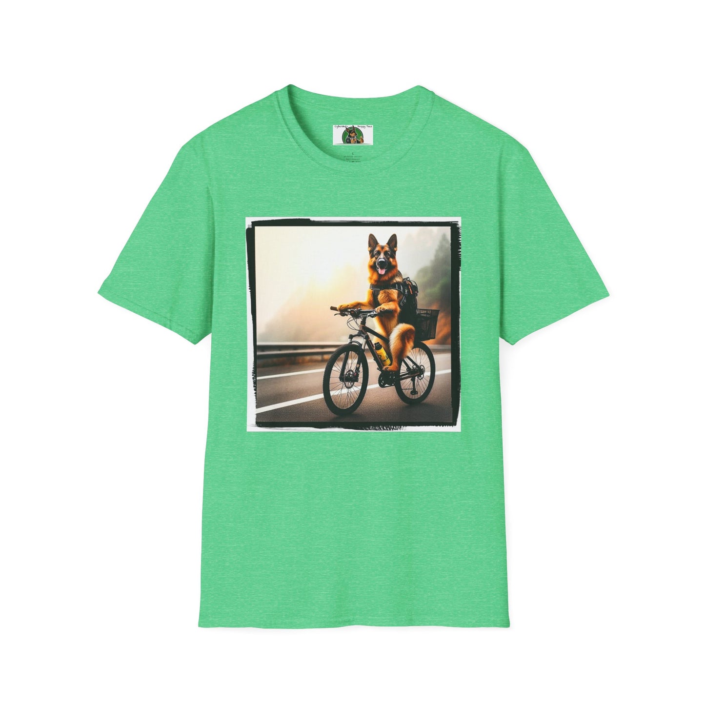 Road Bike German Shepherd Unisex Softstyle T-Shirt T-Shirt Printify S Heather Irish Green