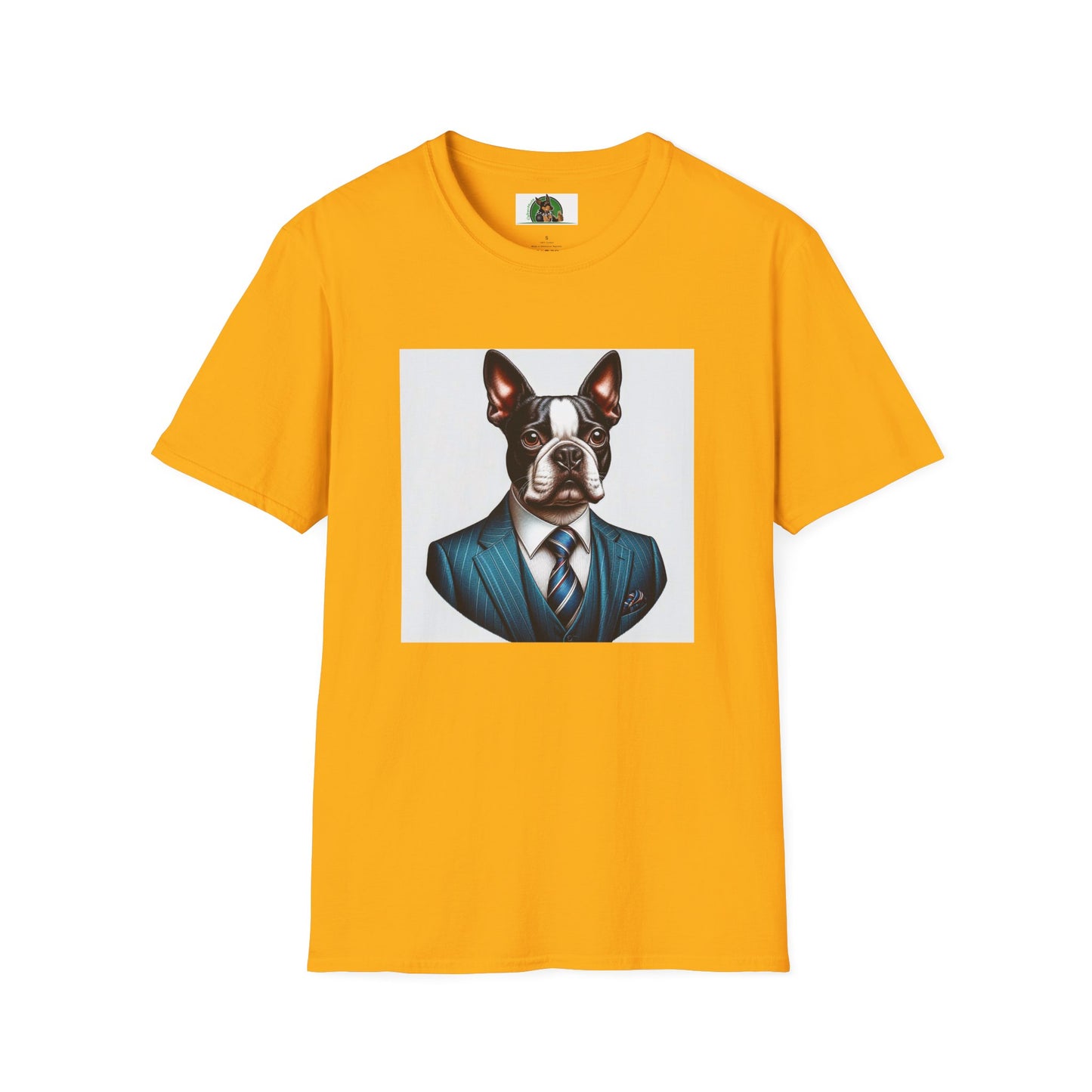 Boston Terrier Dog In Blue Suit TShirt T-Shirt Printify S Gold 