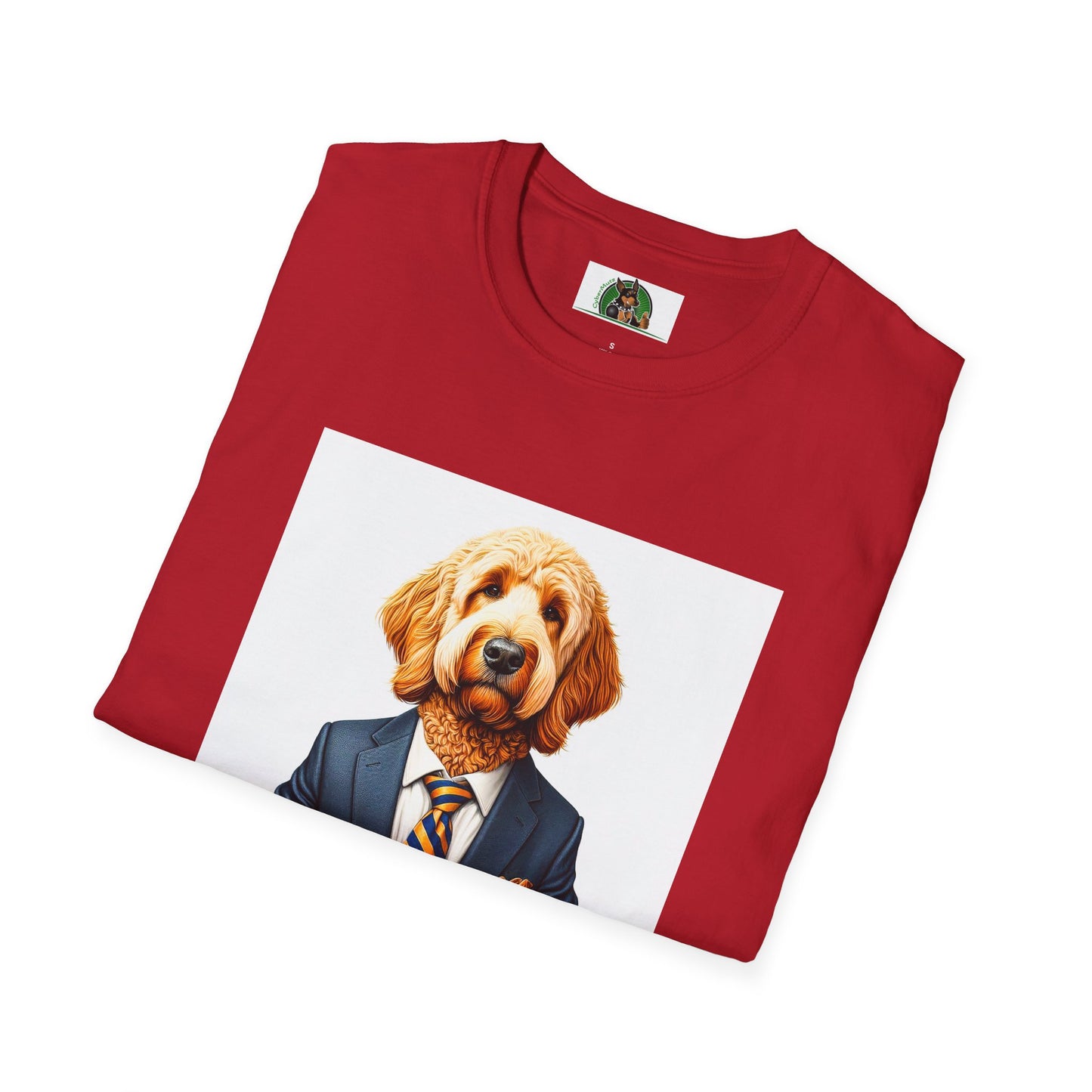 Golden Doodle sitting businessman