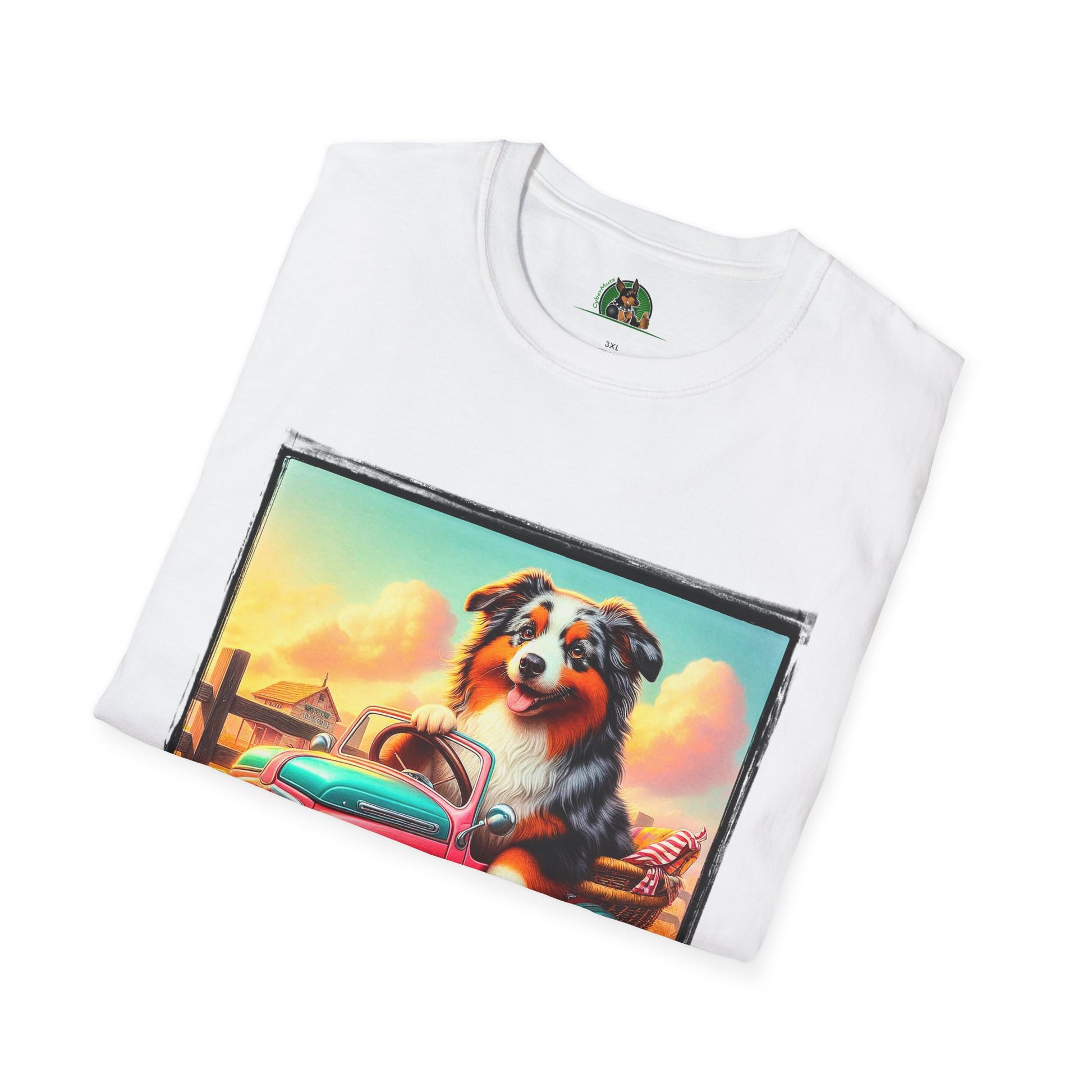 Wacky Australian Shepherd Dog In Mini Truck T-Shirt Printify