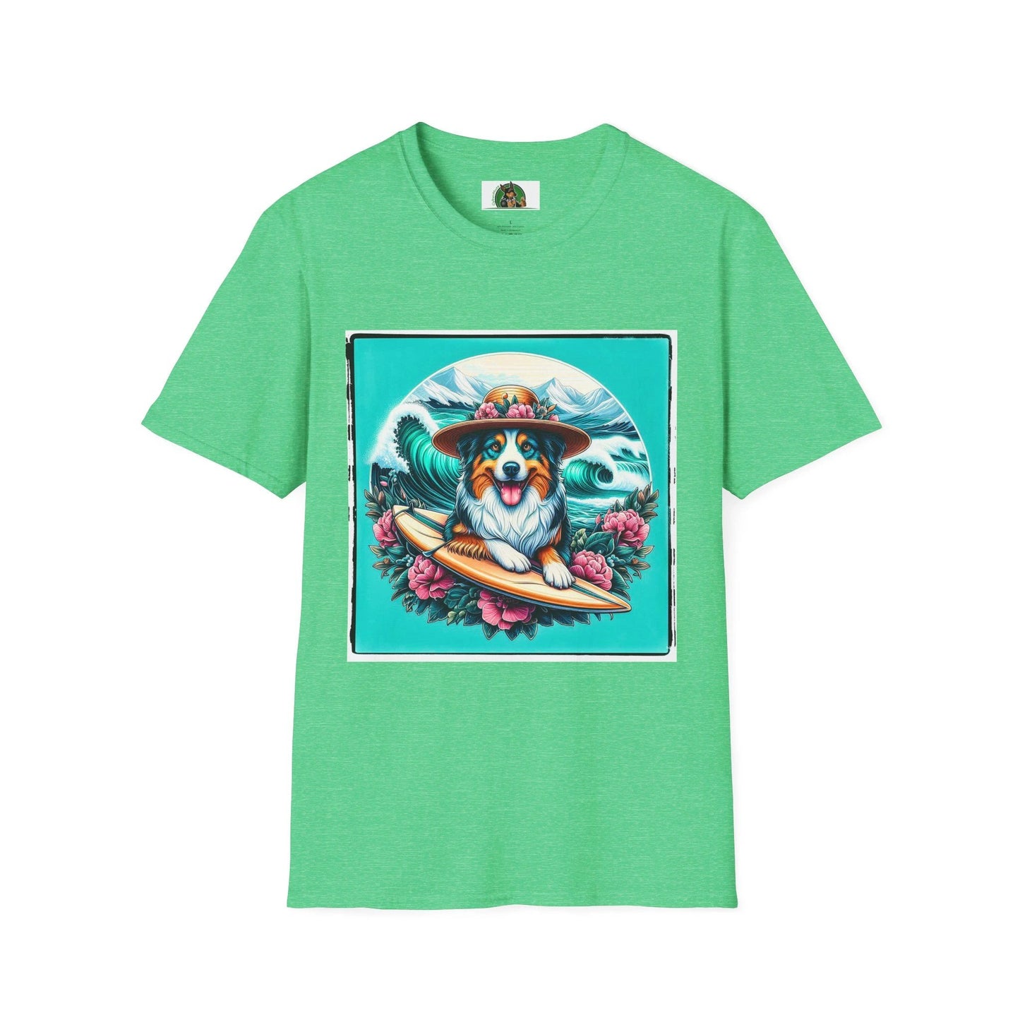 Australian Shepherd Unisex Tee With Floral Hat Surfer Dog Design For Ocean Lovers T-Shirt Printify S Heather Irish Green
