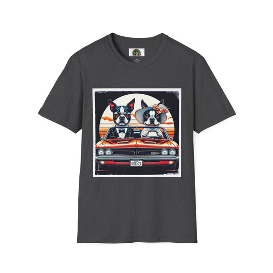 Funny Boston Terrier Unisex T-Shirt - Wacky Married Couple In Car Design T-Shirt Printify XS Dark Heather