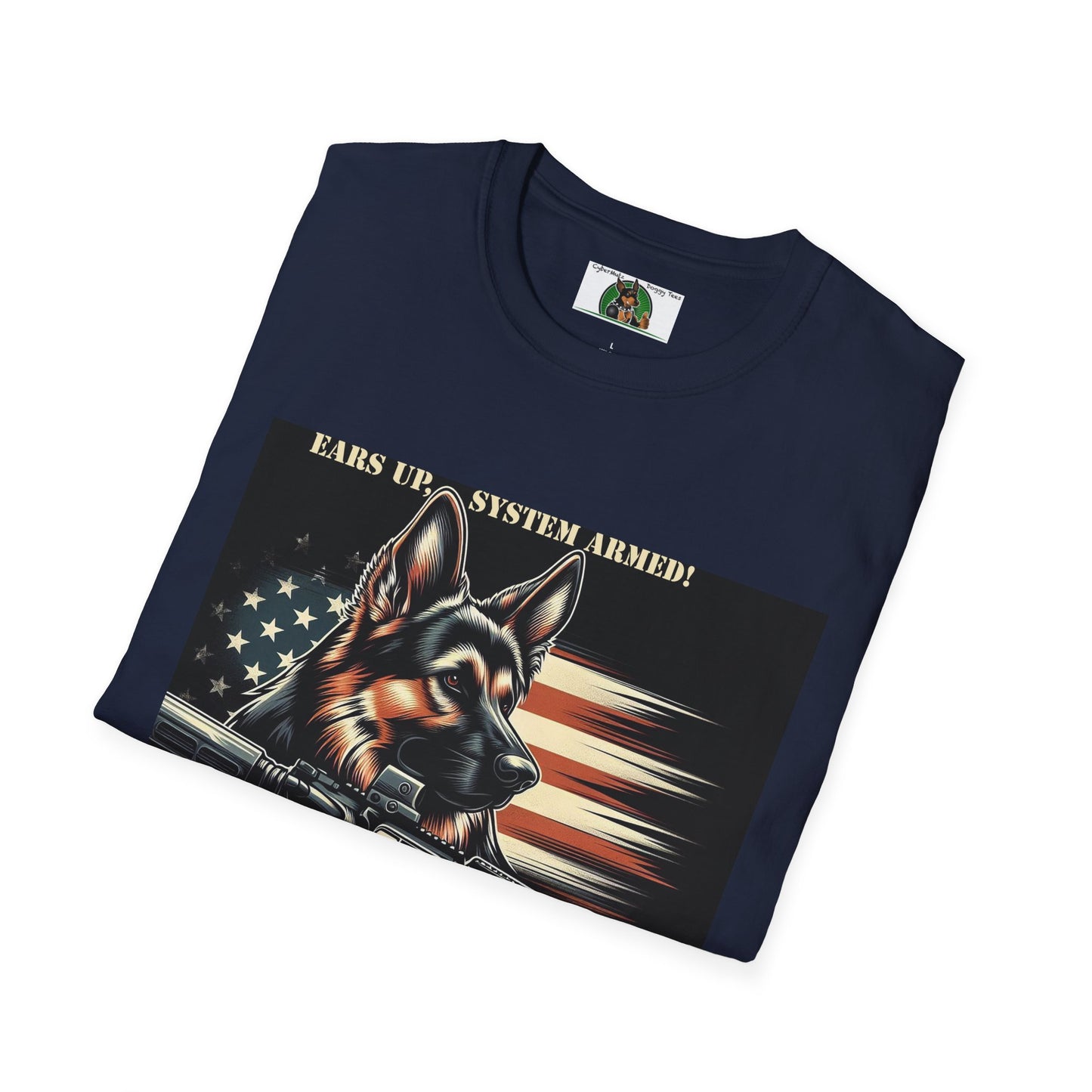 Mis·cel·la·ne·ous German Shepherd "Ears Up, System Armed" T-Shirt Printify   