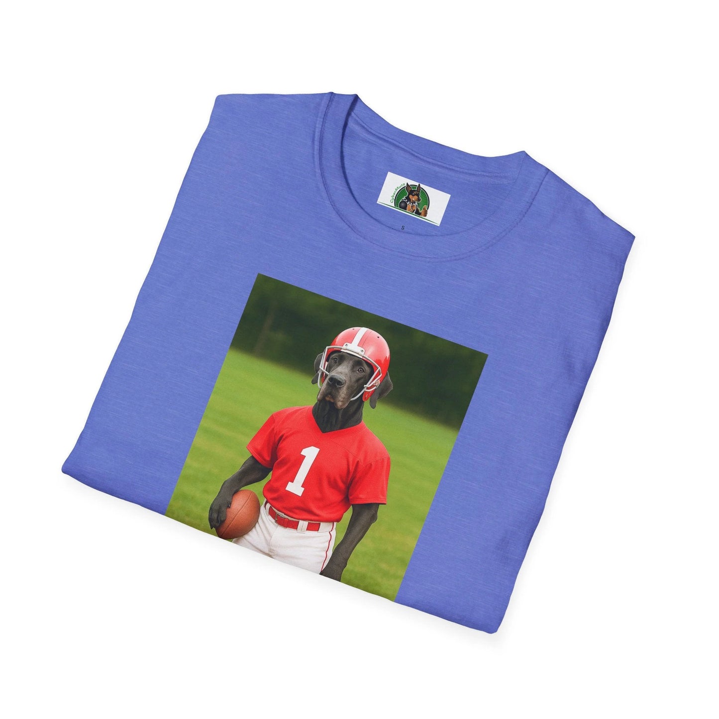 Great Dane Playing Football T-Shirt — Sports Dog Tee by Printify