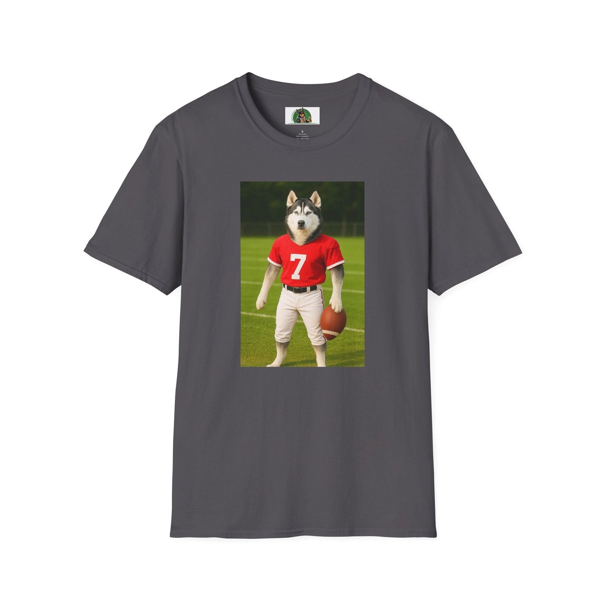 Husky Football T-Shirt — Sports Dog Tee T-Shirt Printify Charcoal S