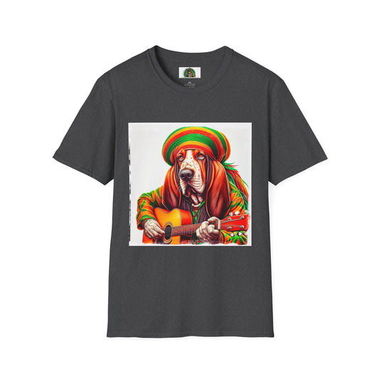 Basset Hound Rasta Dog Playing Guitar T-Shirt Printify XS Dark Heather