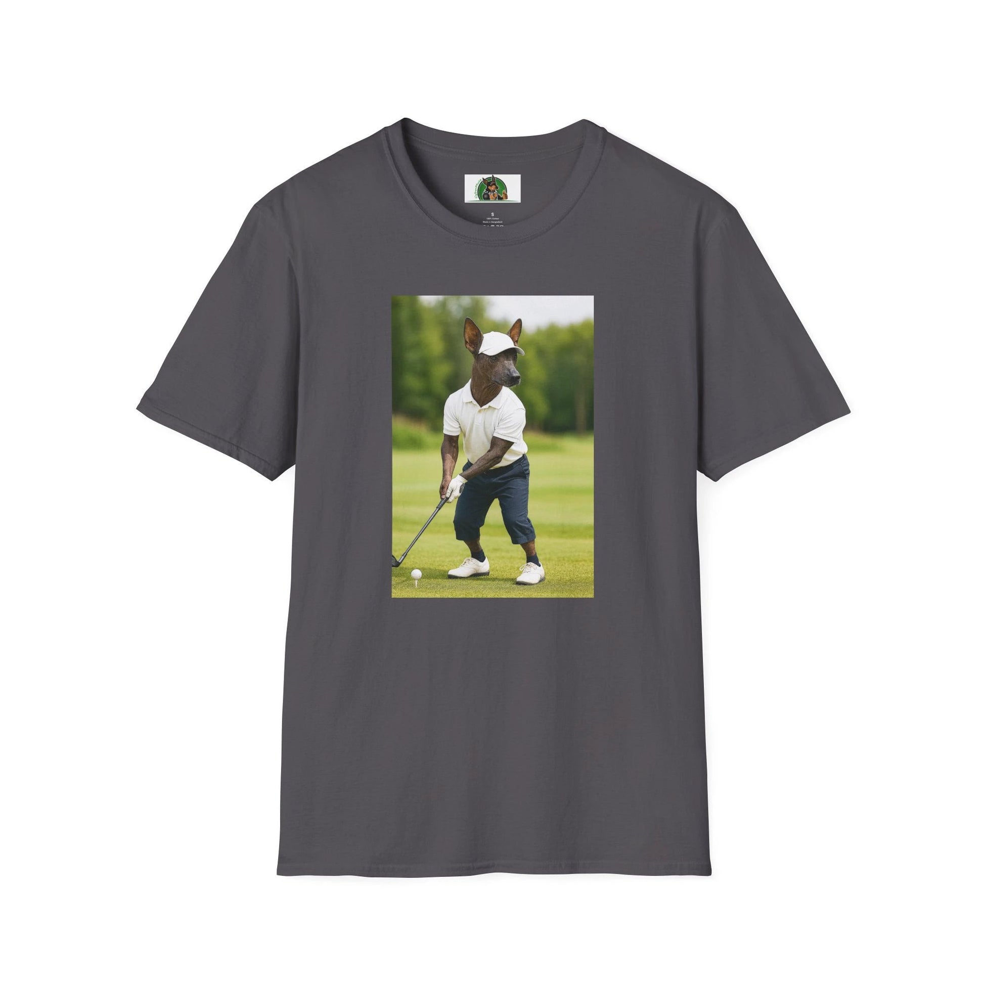 Mexican Hairless Dog Golf Tee — Dog Lover Sports T-Shirt T-Shirt Printify Charcoal S
