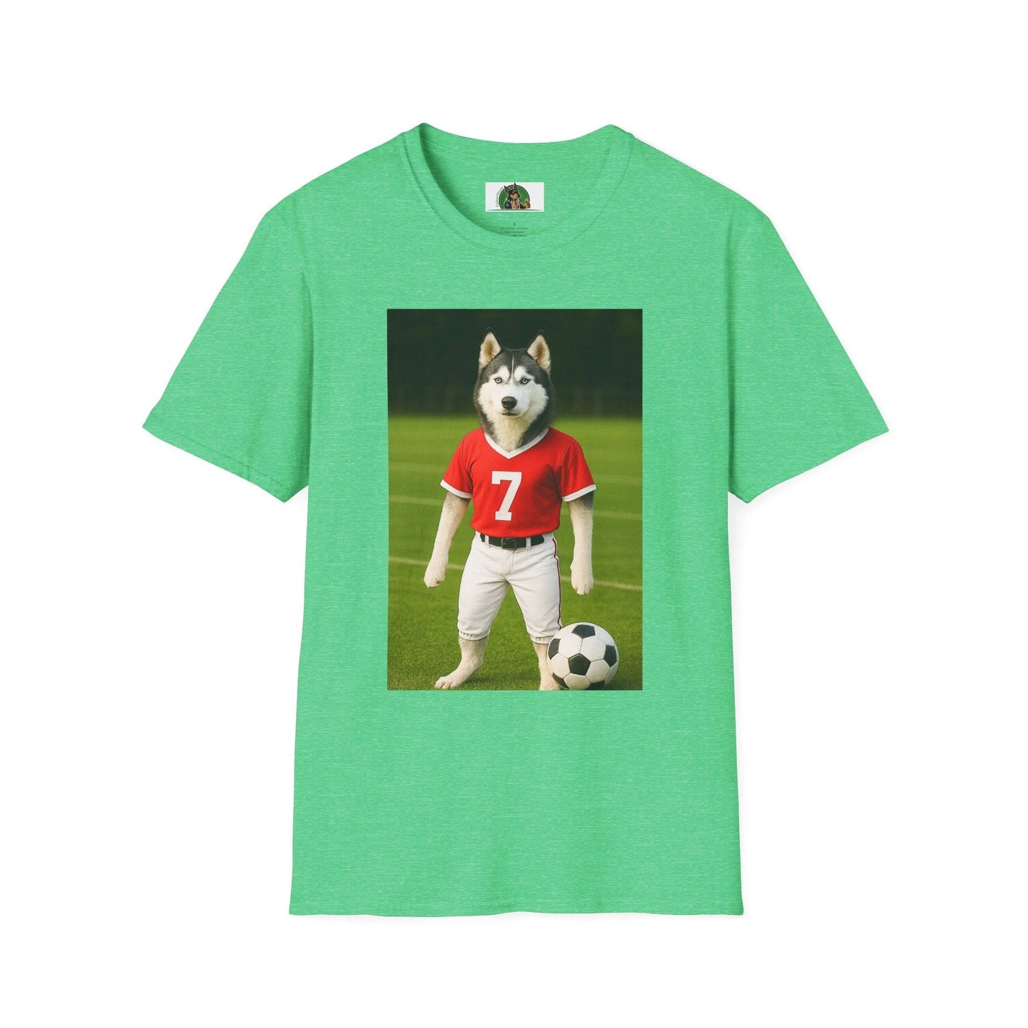 Husky Soccer T-Shirt — Sports Dog Playing Soccer Tee T-Shirt Printify Heather Irish Green S