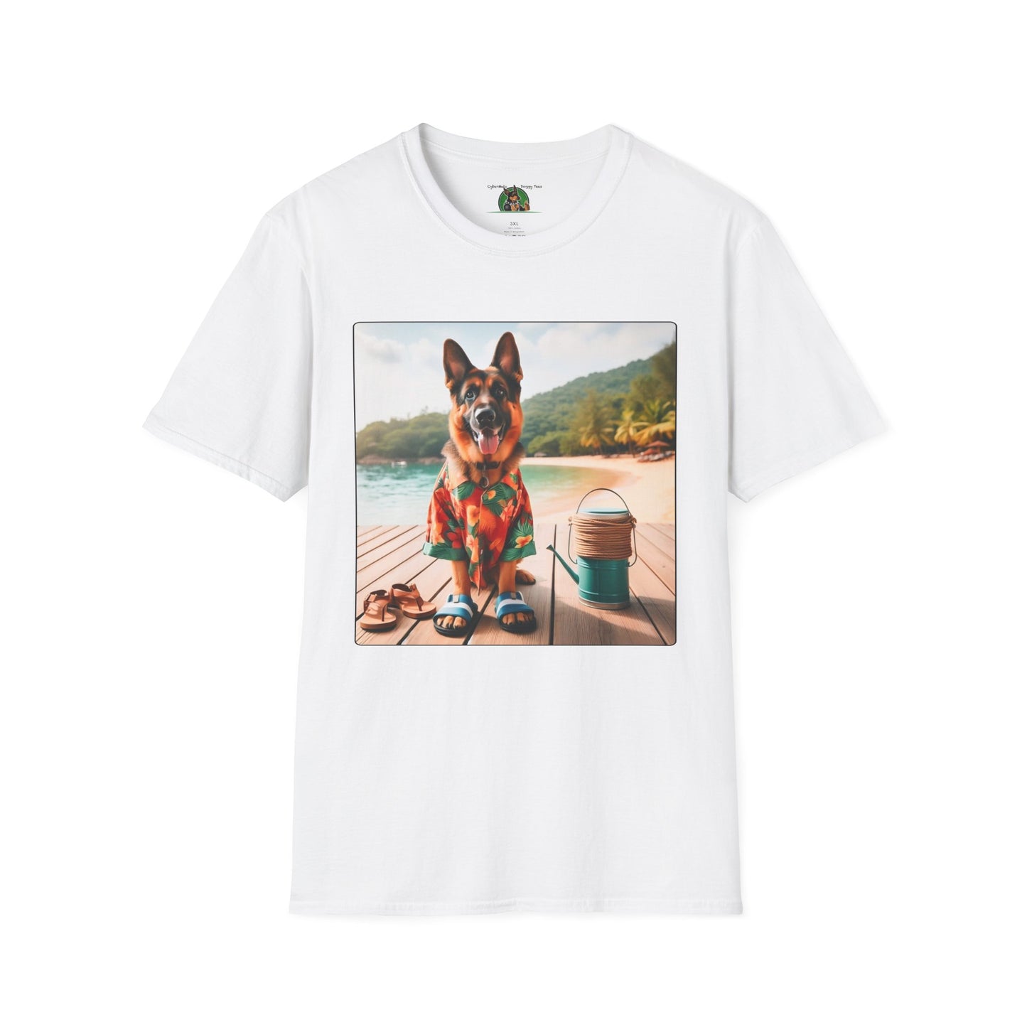 German Shepherd Dog "Beachin" Unisex Softstyle T-Shirt T-Shirt Printify S White