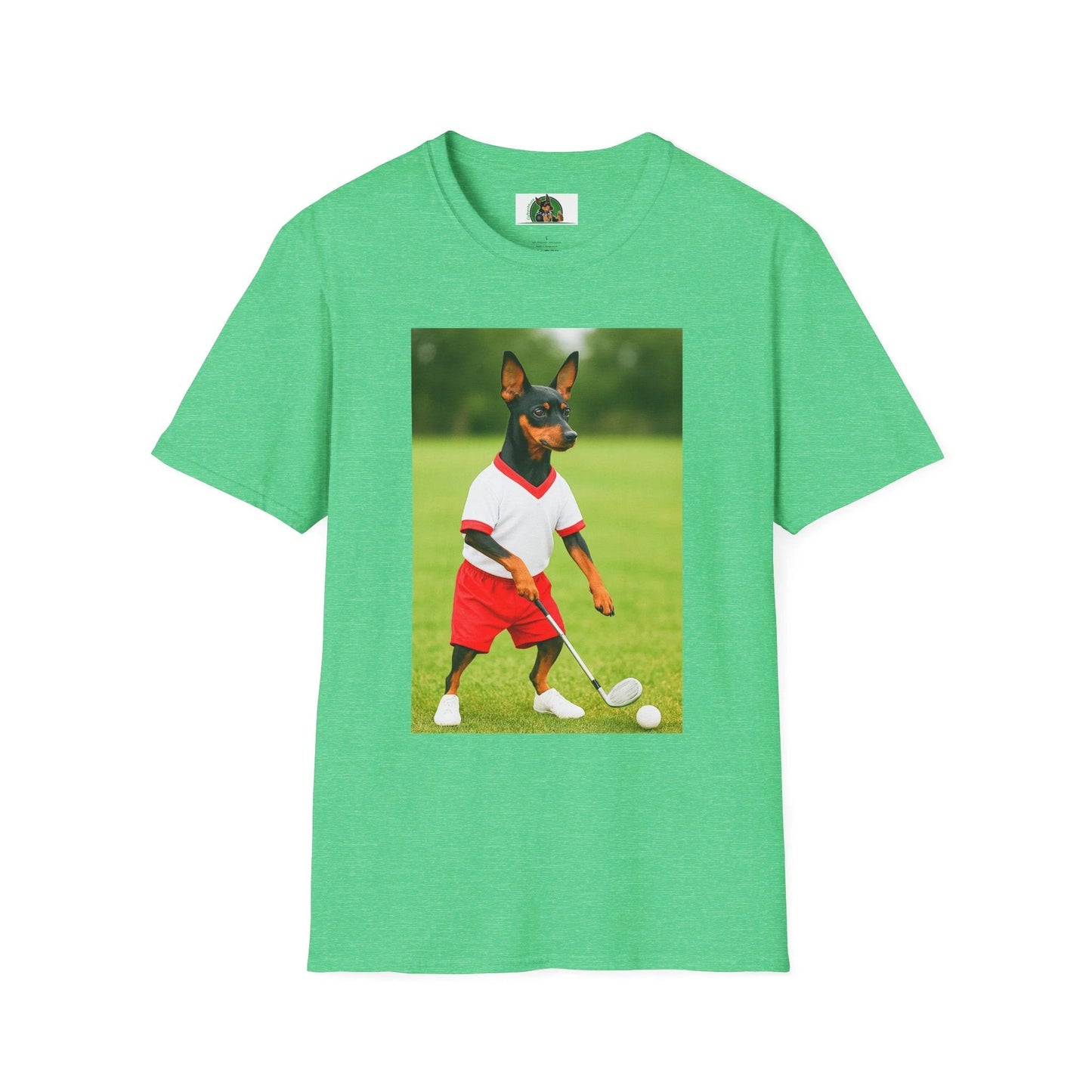 Miniature Pinscher 'Min Pin Golf Tee' T-Shirt — Sports Dog Lover Golf Shirt T-Shirt Printify Heather Irish Green S