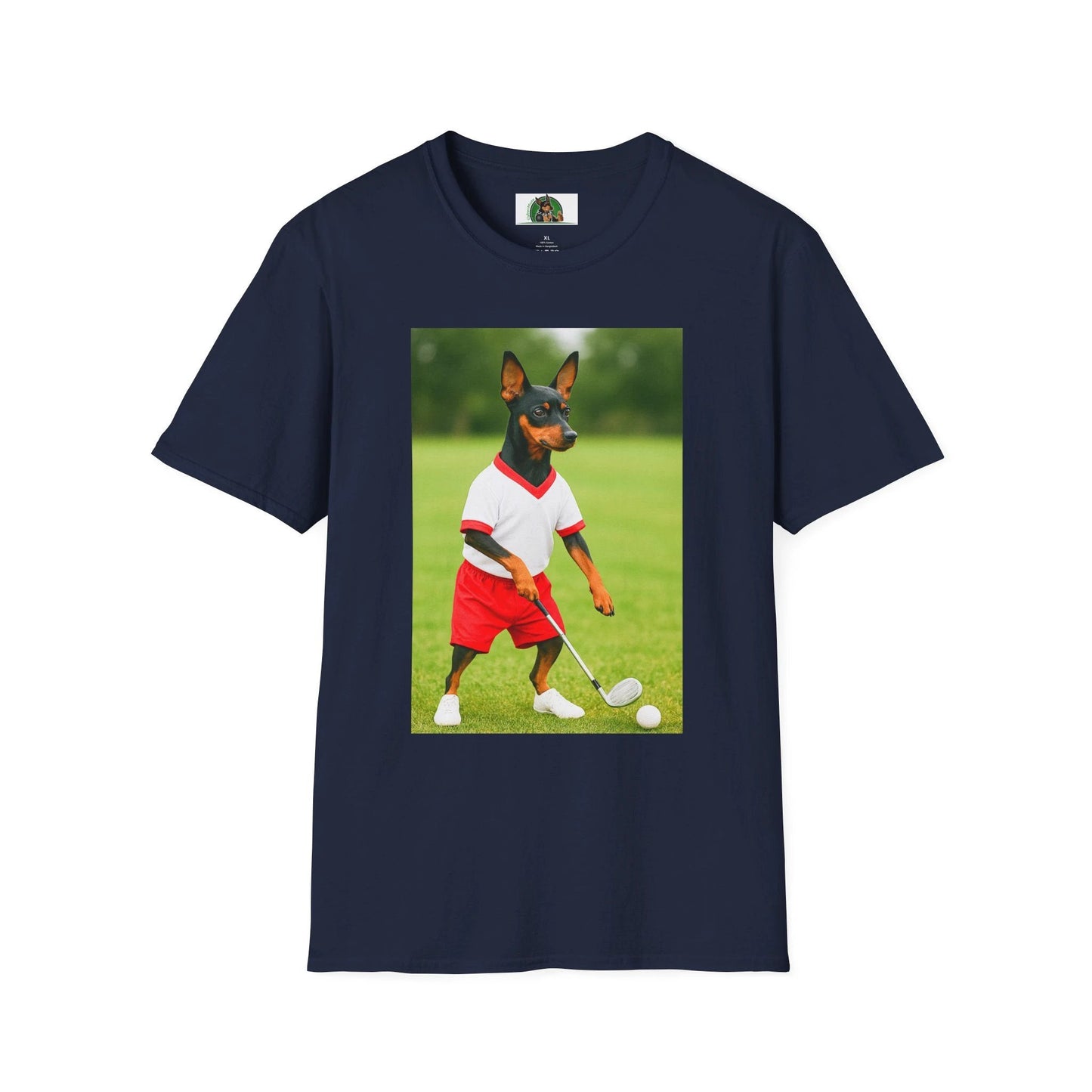 Miniature Pinscher 'Min Pin Golf Tee' T-Shirt — Sports Dog Lover Golf Shirt T-Shirt Printify Navy S