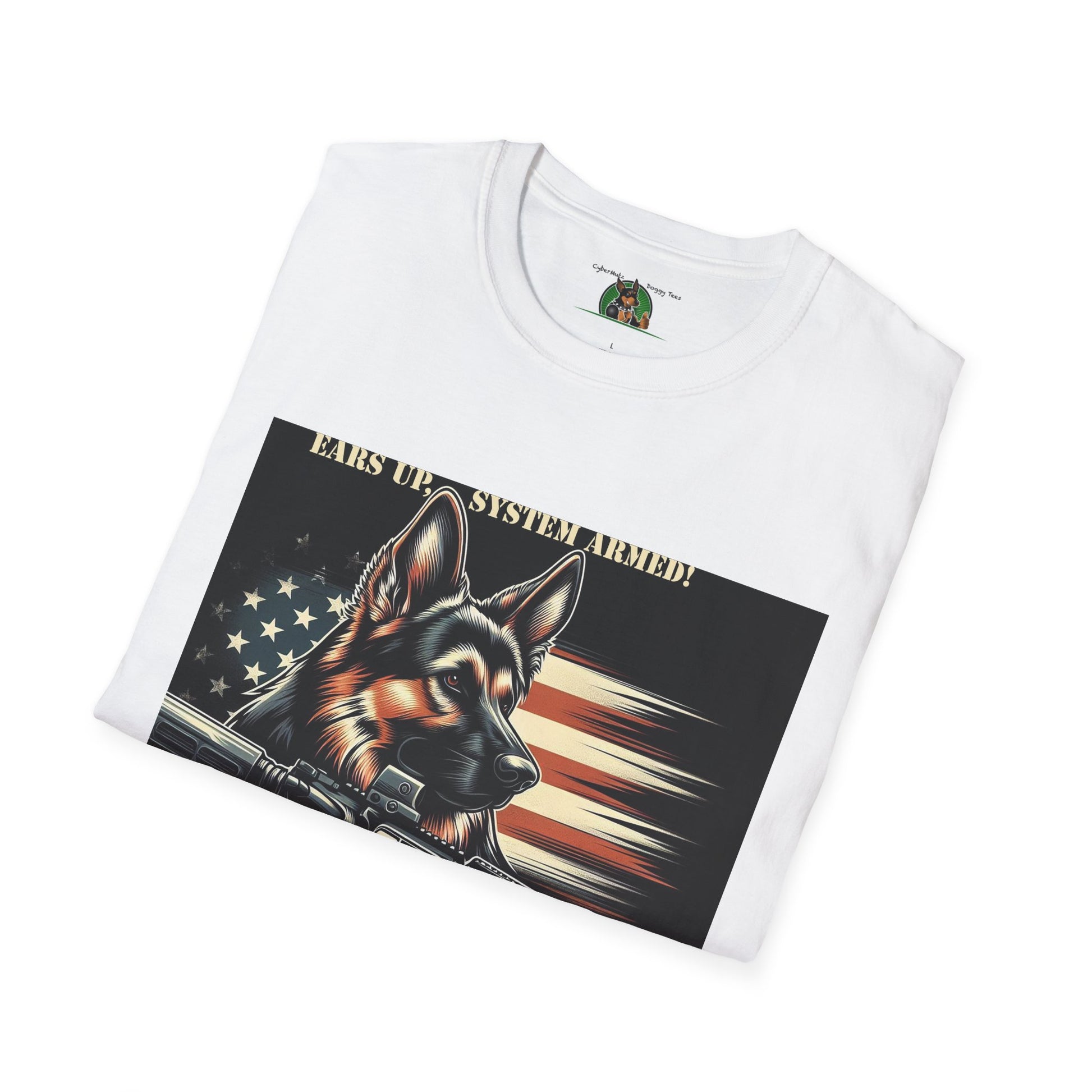 Mis·cel·la·ne·ous German Shepherd "Ears Up, System Armed" T-Shirt Printify   