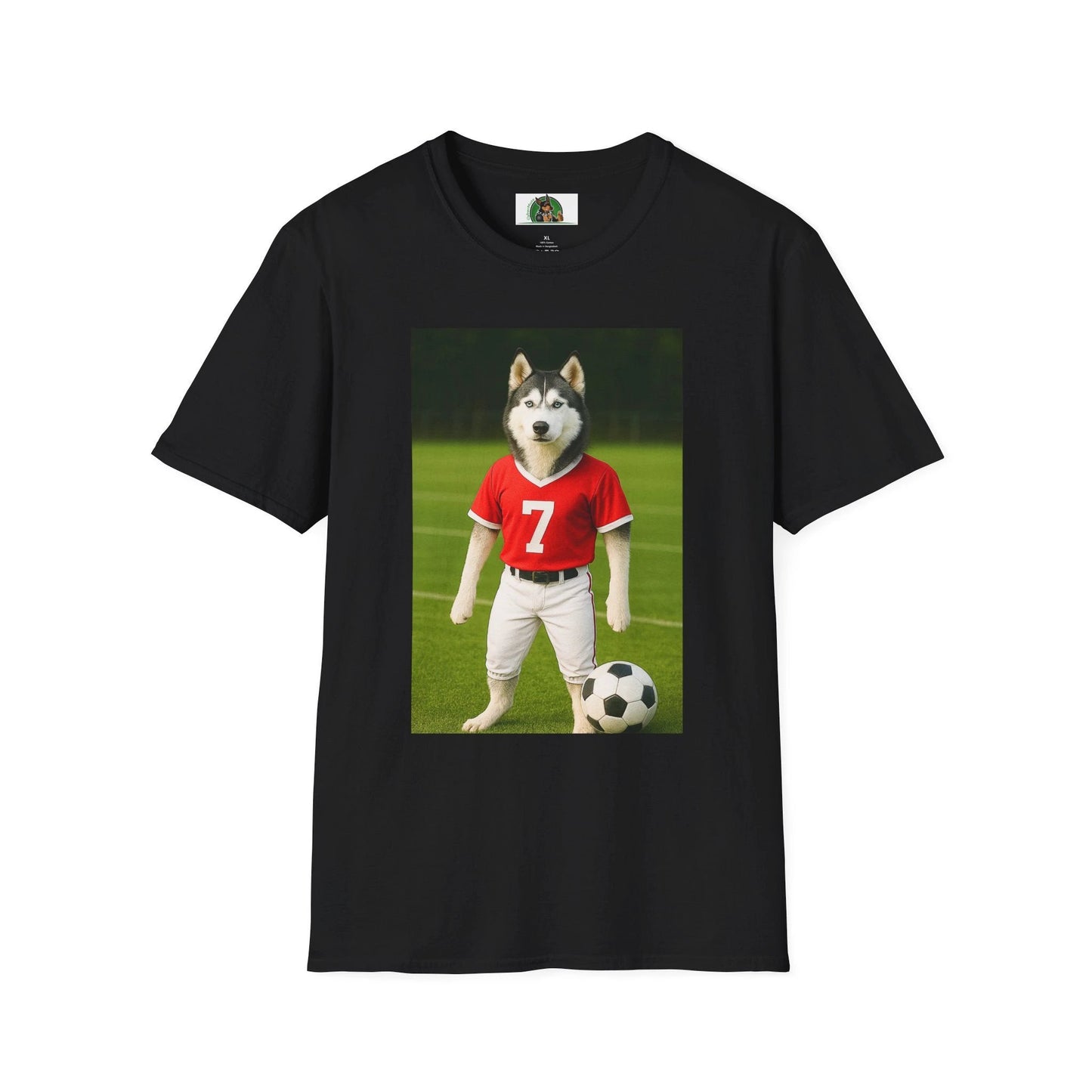Husky Soccer T-Shirt — Sports Dog Playing Soccer Tee T-Shirt Printify Black S