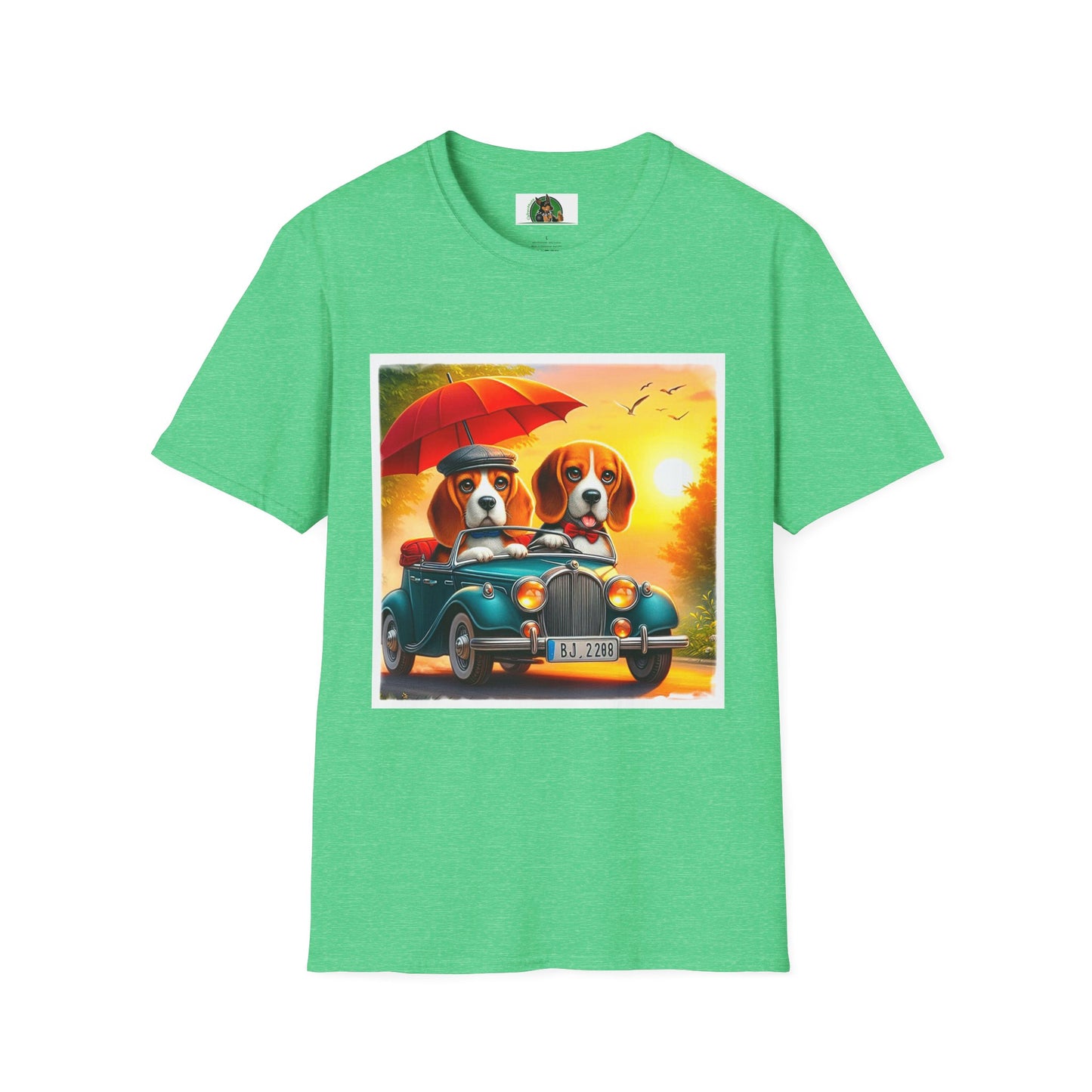 Wacky Beagle Couple In Tiny Car T-Shirt Printify S Heather Irish Green 