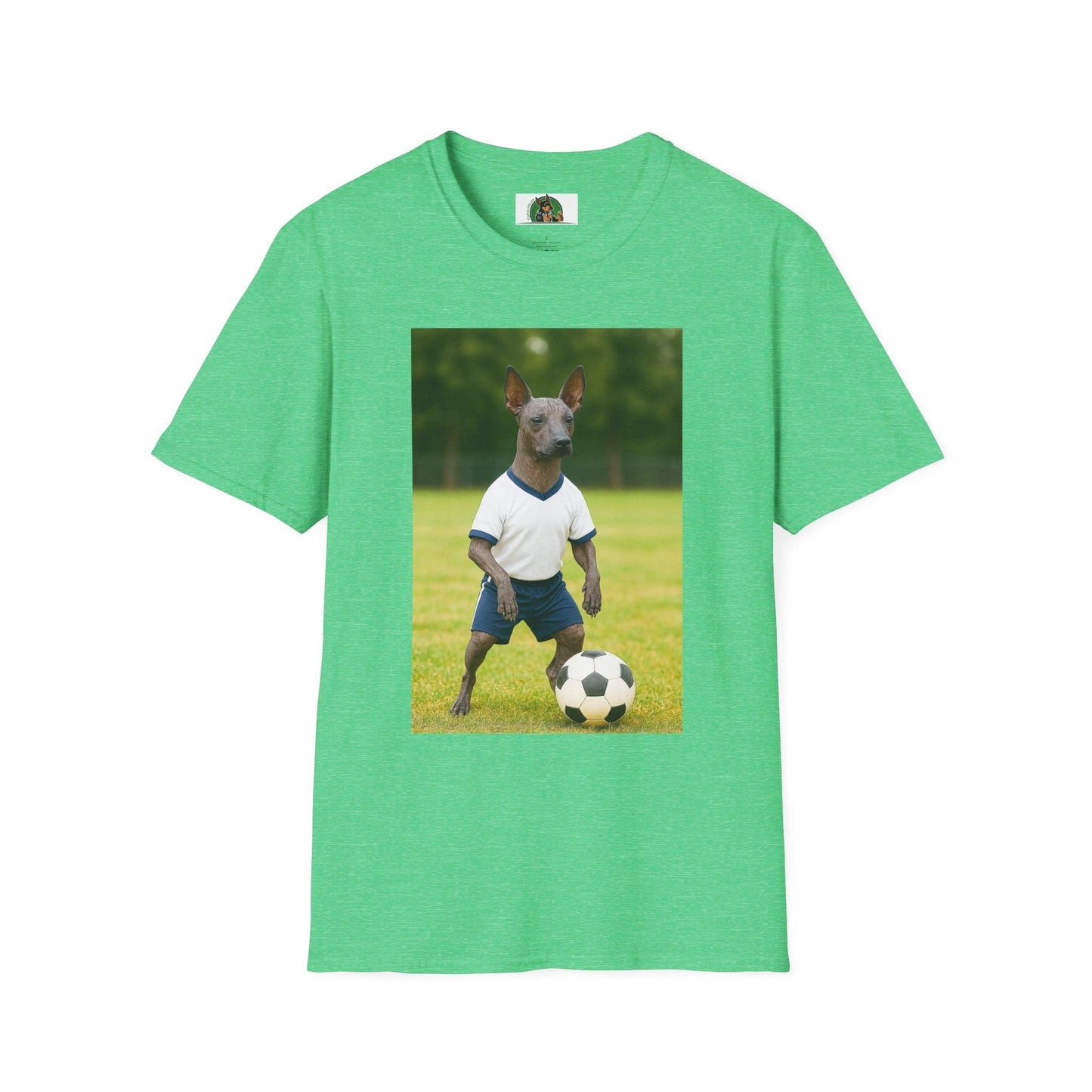 Mexican Hairless Dog Soccer T-Shirt — Dog Lover Sports Tee T-Shirt Printify Heather Irish Green S
