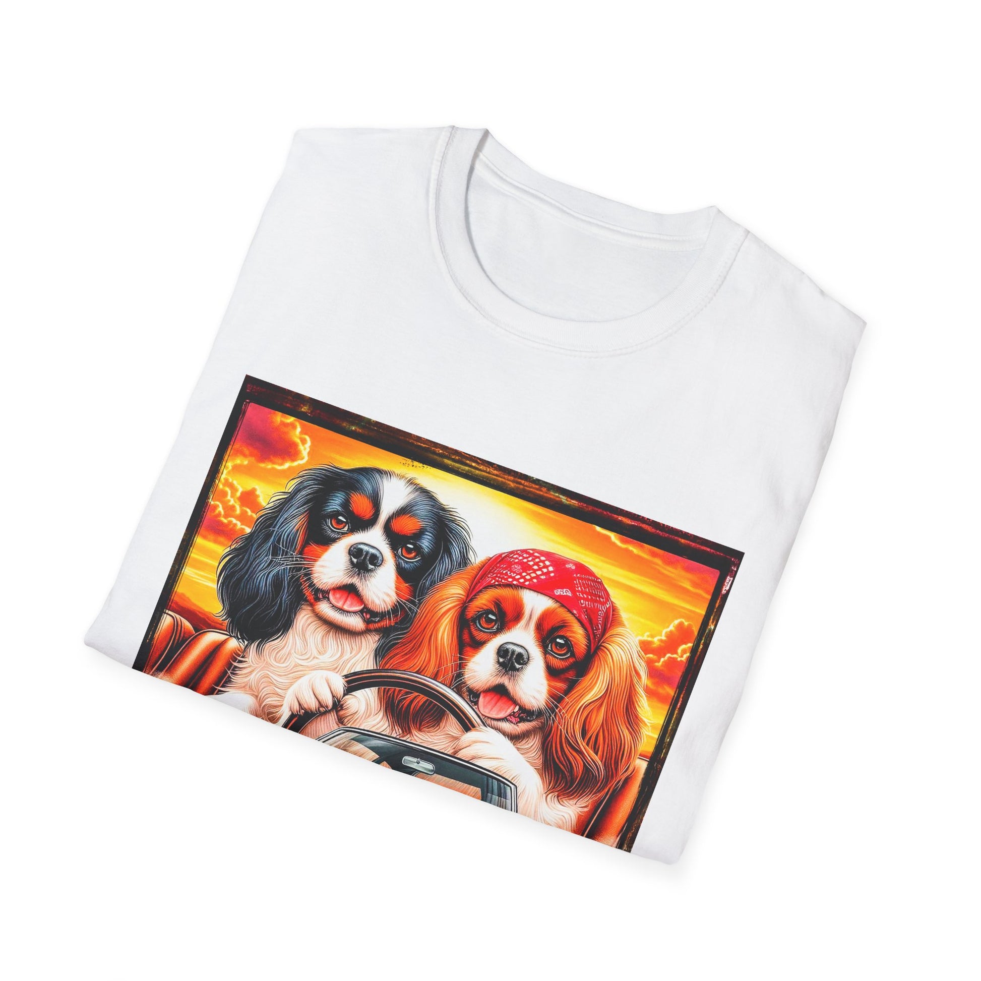 Cavalier King Charles Spaniel Hippie Couple Dogs In Car TShirt T-Shirt Printify