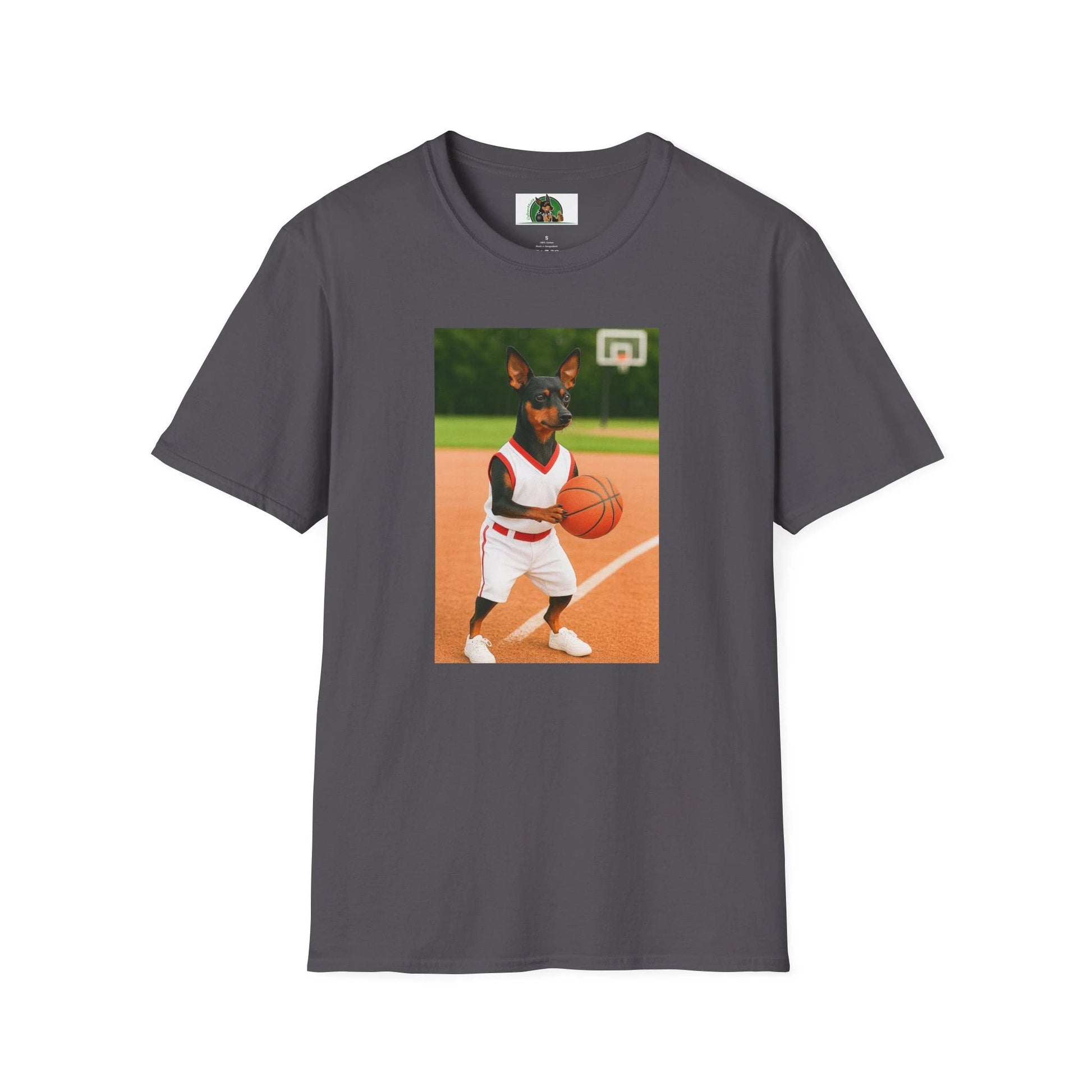 Miniature Pinscher (Min Pin) Basketball T-Shirt — Dog Lover Sports Tee T-Shirt Printify Charcoal S
