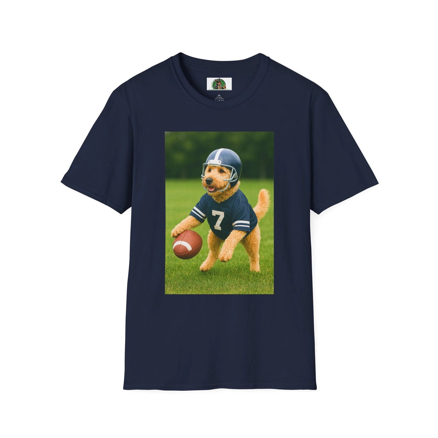 Golden Doodle Playing Football T-Shirt — Sports Dog Lover Tee T-Shirt Printify Navy S