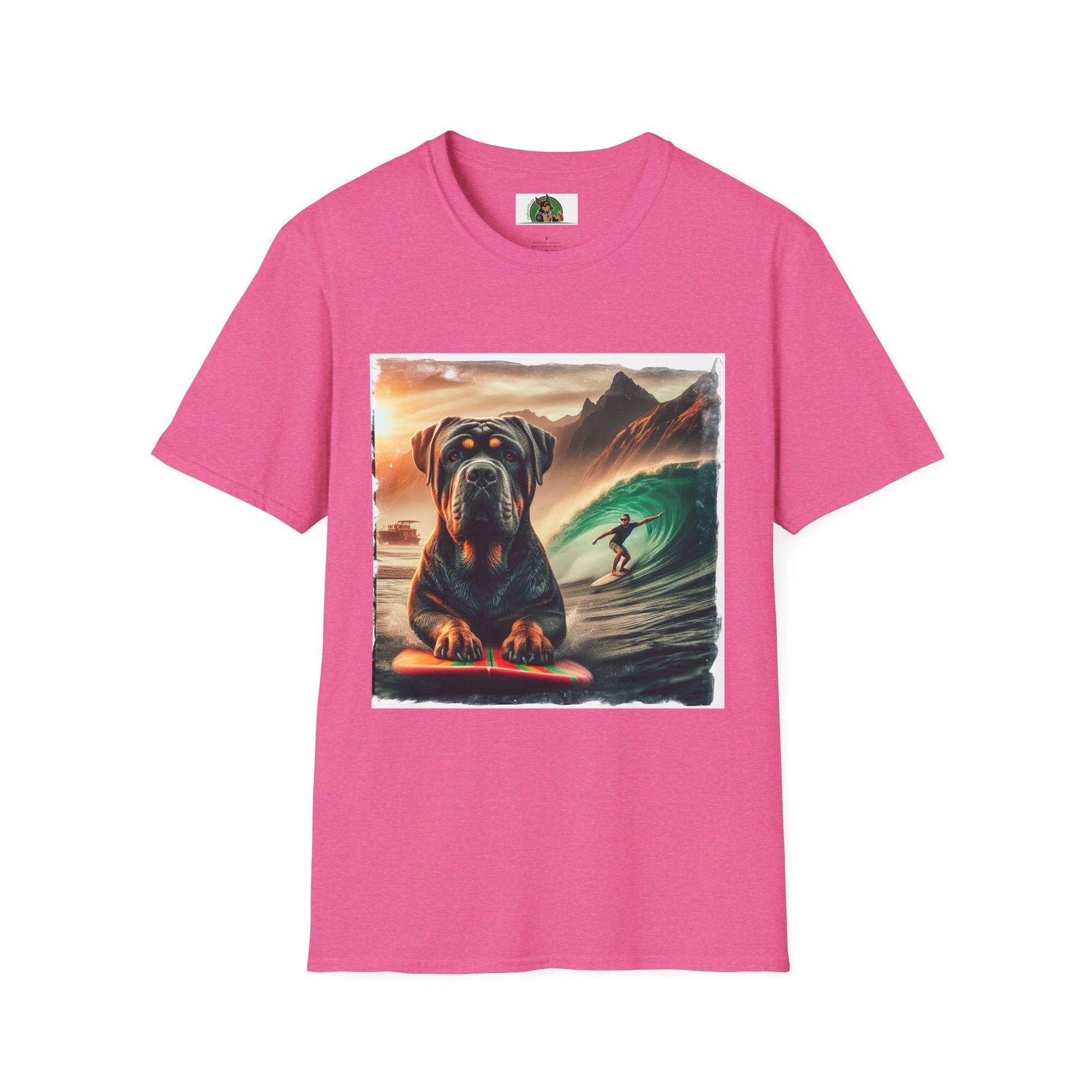 Cane Corso Surfer Dog At The Beach Italian Mastiff Portrait For Dog Lovers And Beach Decor Enthusiasts T-Shirt Printify S Heather Heliconia