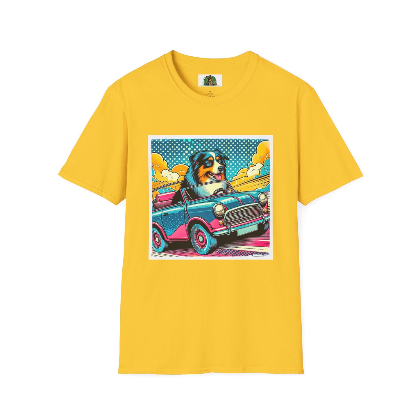 Wacky Australian Shepherd Dog In Colorful Car T-Shirt Printify S Daisy