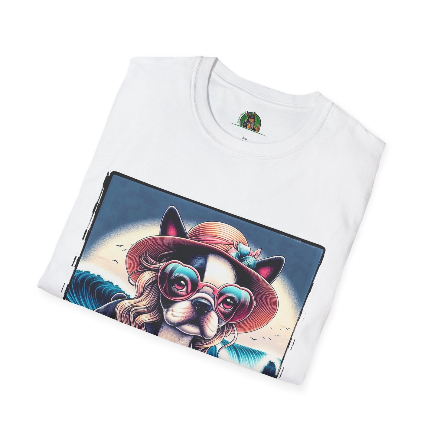 Boston Terrier Blonde Surfer Girl Dog T-Shirt Printify   