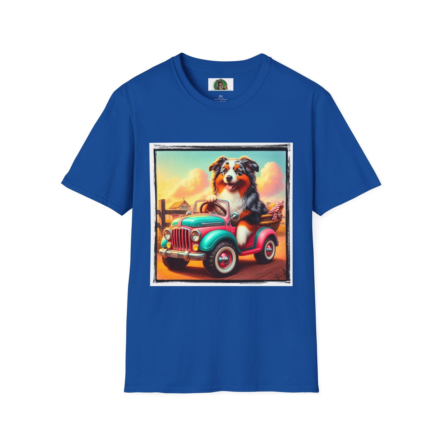 Wacky Australian Shepherd Dog In Mini Truck T-Shirt Printify XS Royal 