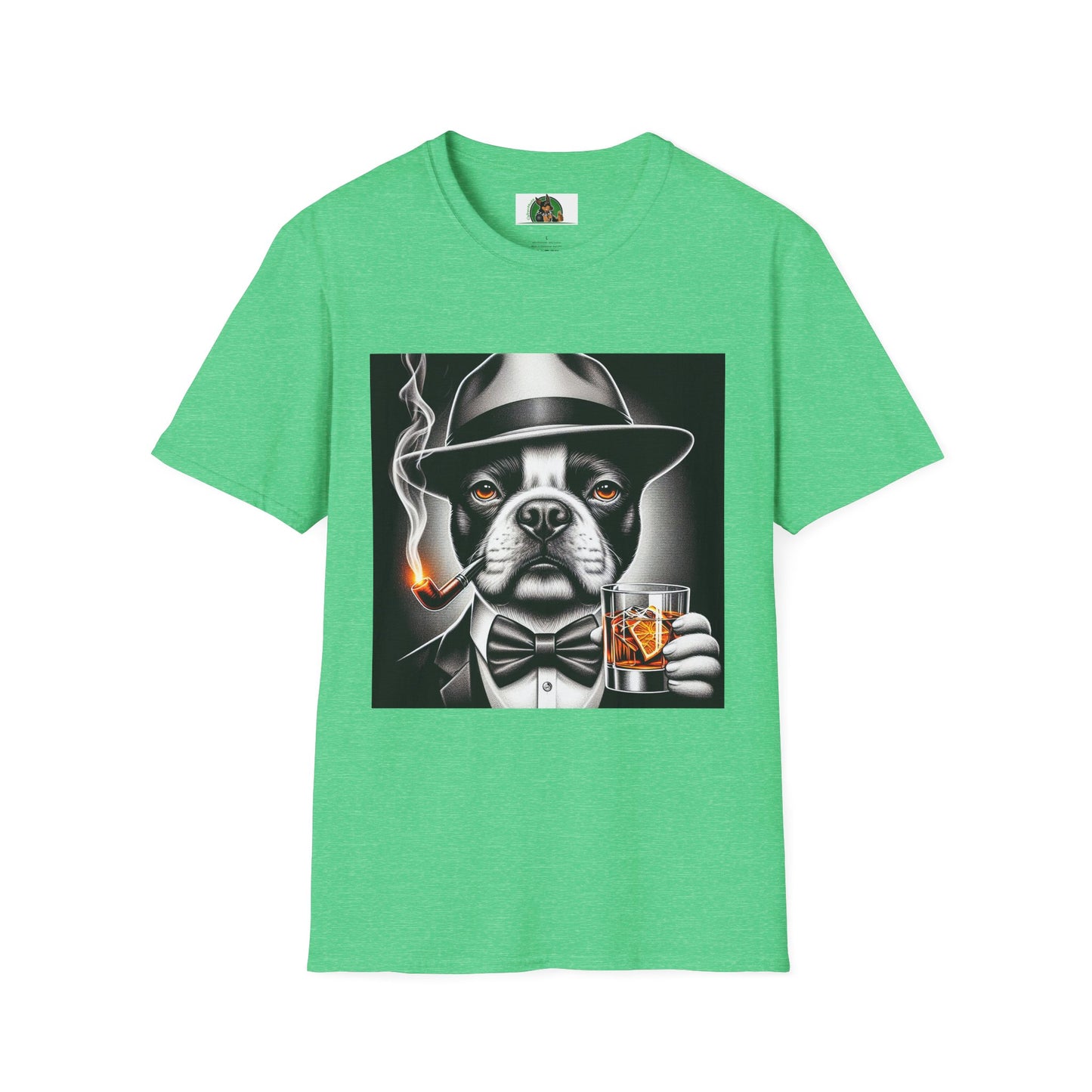 Boston Terrier Dog Smoking Pipe Drinking Whiskey T-Shirt Printify S Heather Irish Green 