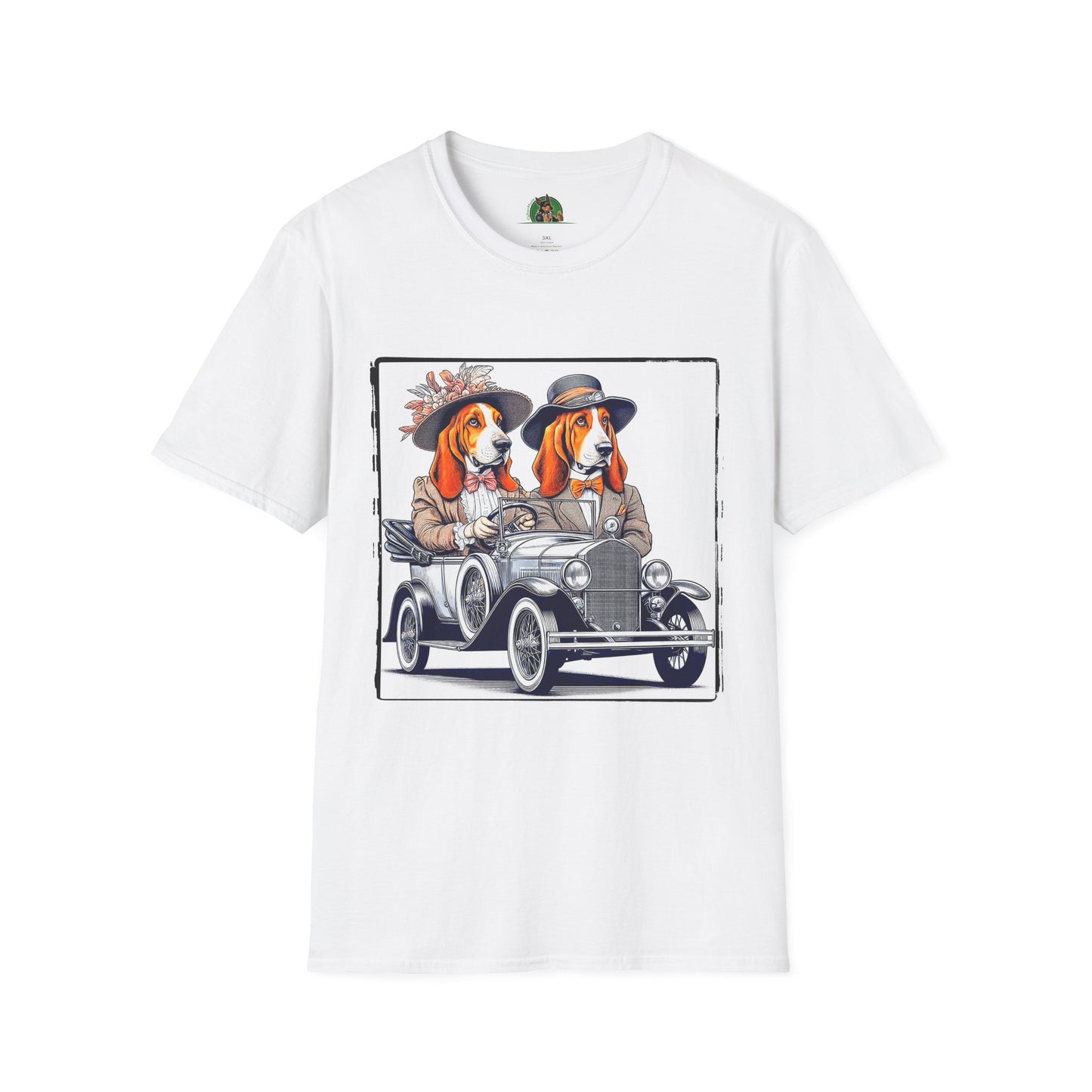 Wacky Basset Hound Couple Riding In Old Car T-Shirt Printify XS White