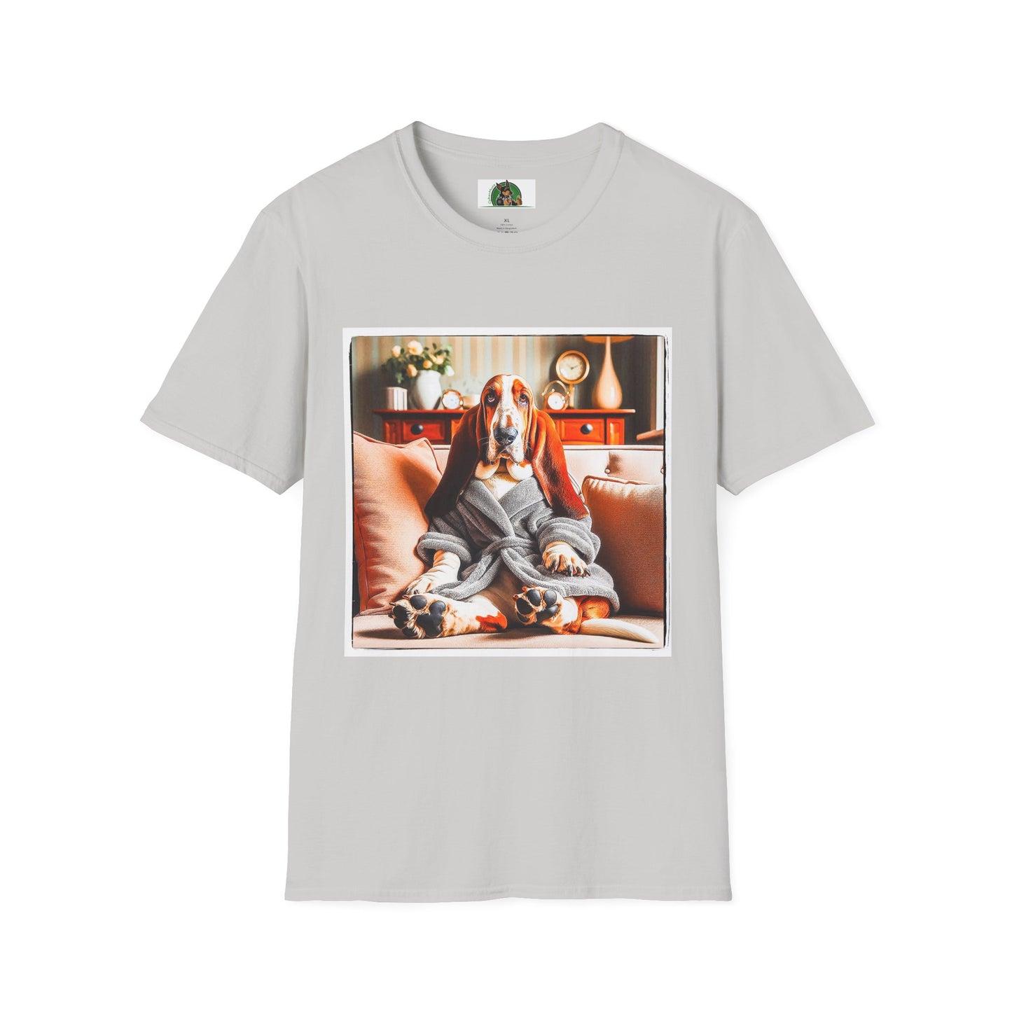 Basset Hound In Bath Robe Sitting On Couch T-Shirt Printify S Ice Grey