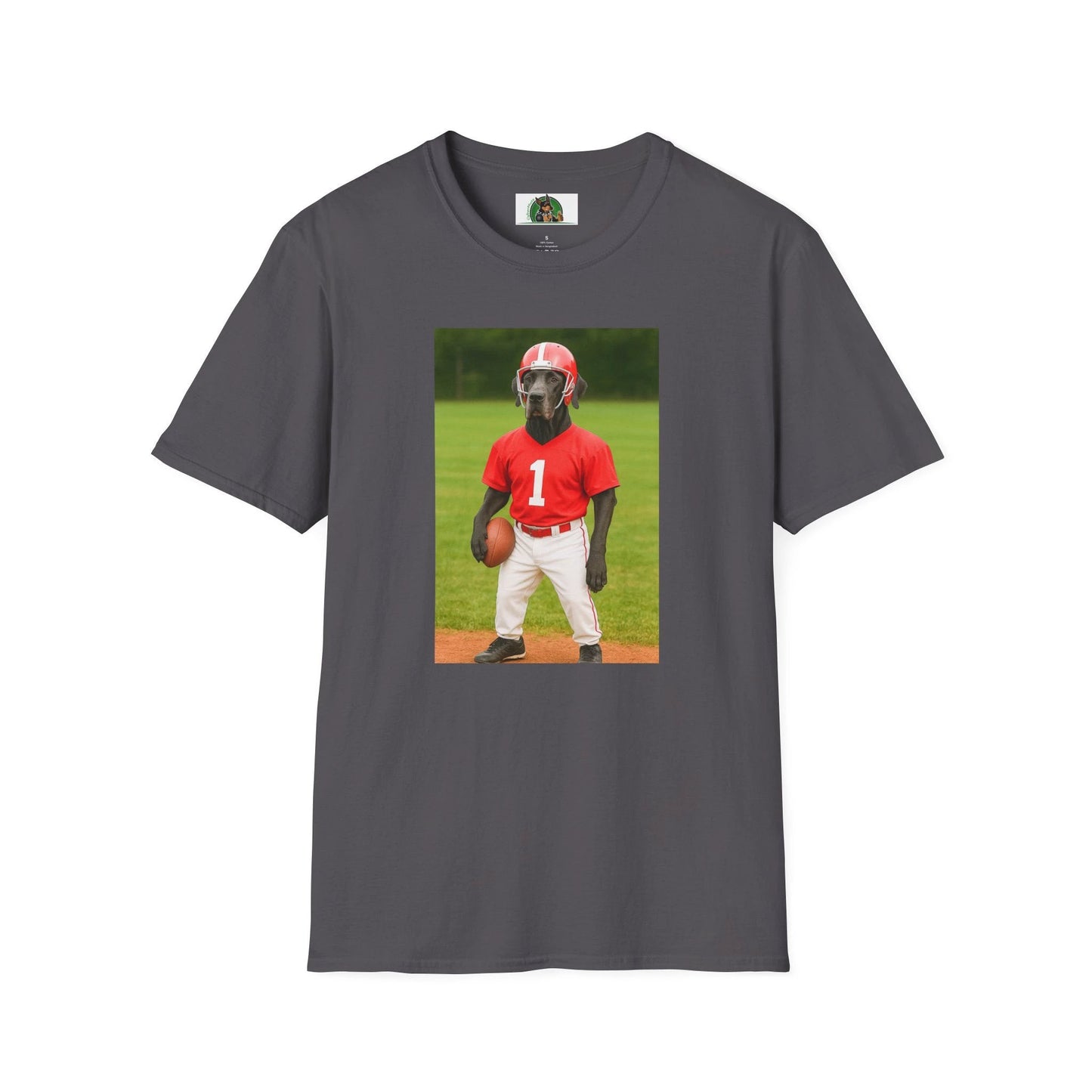 Great Dane Playing Football T-Shirt — Sports Dog Tee T-Shirt Printify Charcoal S