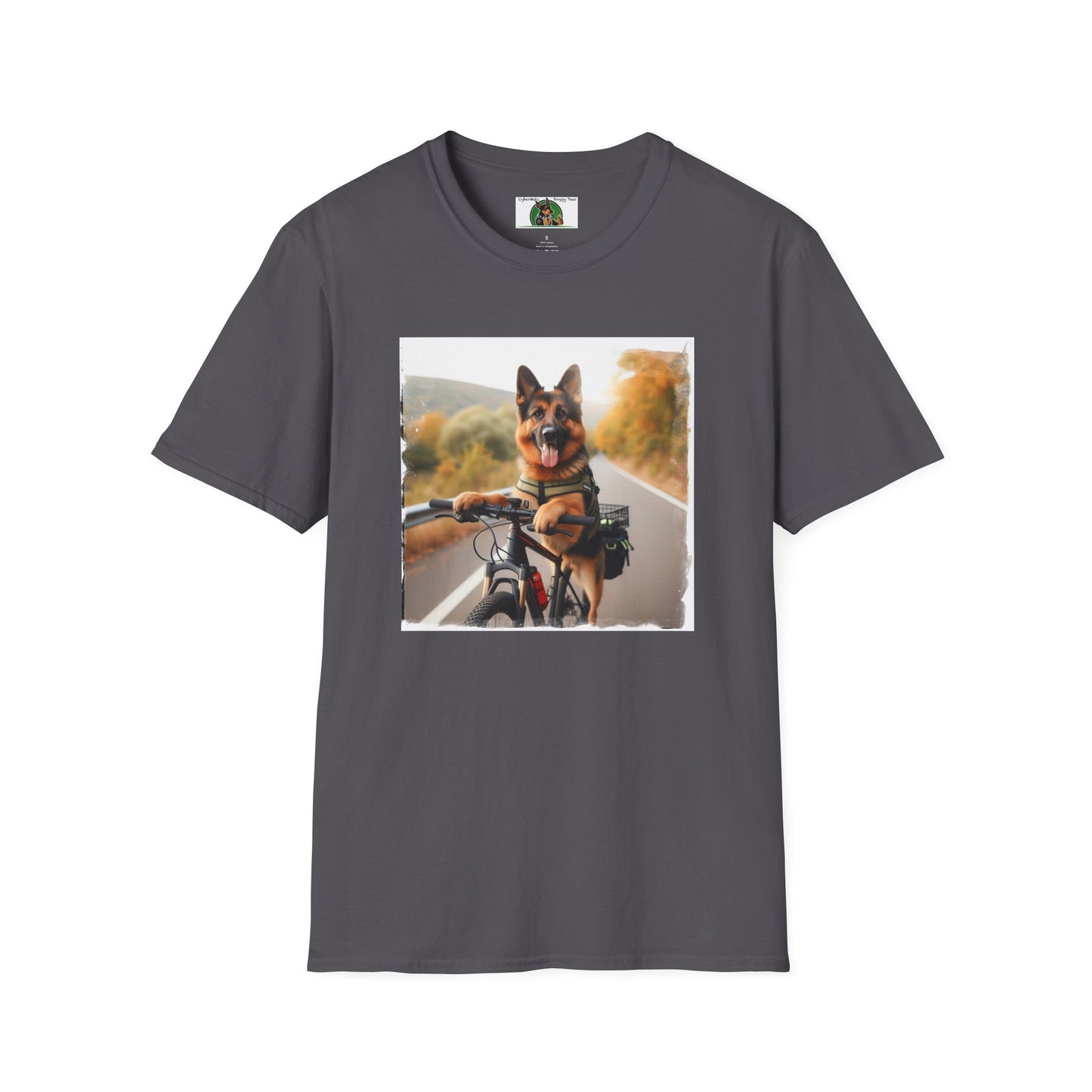 German Shepherd Dog Road Biking! Unisex Softstyle T-Shirt T-Shirt Printify S Charcoal