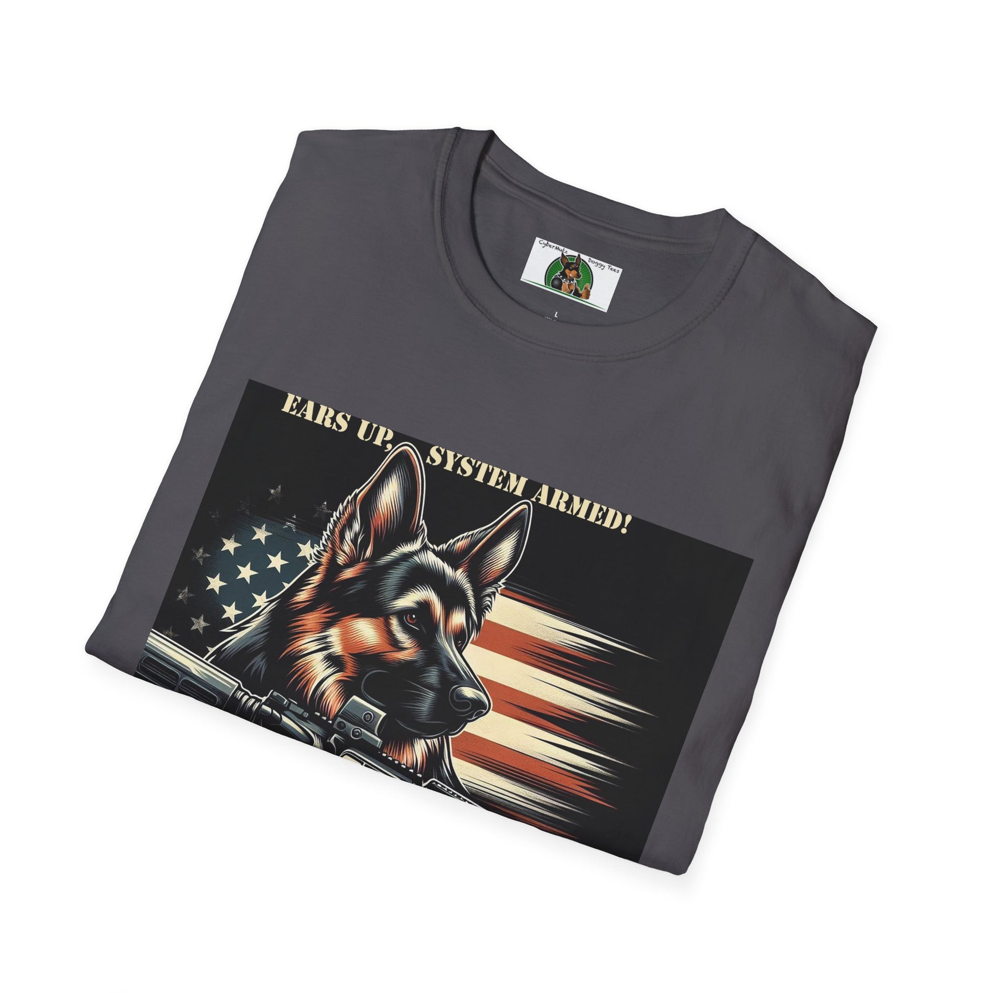 Mis·cel·la·ne·ous German Shepherd "Ears Up, System Armed" T-Shirt Printify   