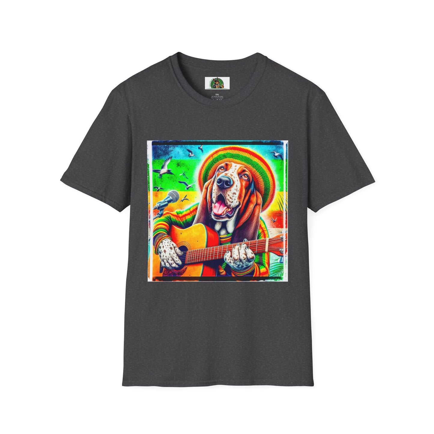 Basset Hound Rasta Dog Playing Guitar T-Shirt Printify XS Dark Heather 