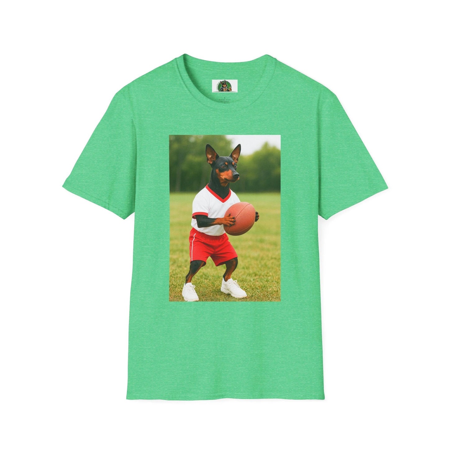 Miniature Pinscher Football T-Shirt — "Min Pin Football" Dog Lover Sports Tee T-Shirt Printify Heather Irish Green S