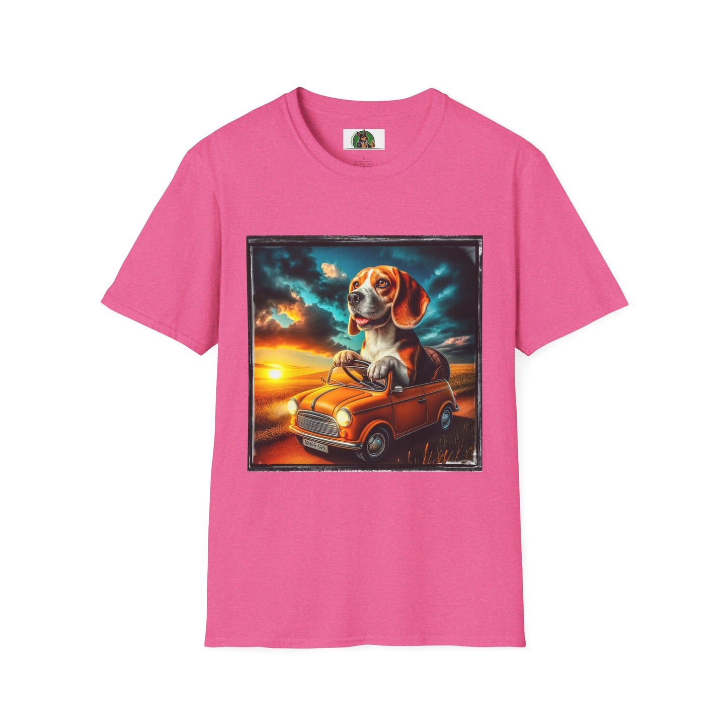 Wacky Beagle Driving Tiny Car In Sunset T-Shirt Printify S Heather Heliconia 