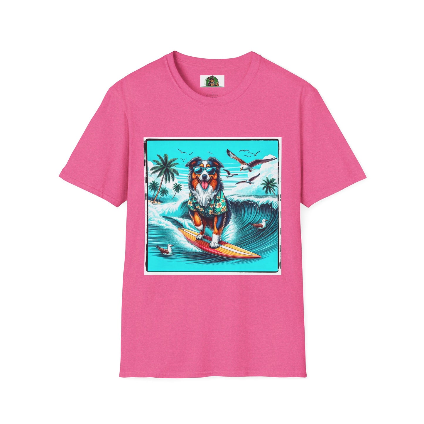 Australian Shepherd Wearing Hawaiian Shirt Surfer Dog T-Shirt Printify S Heather Heliconia 