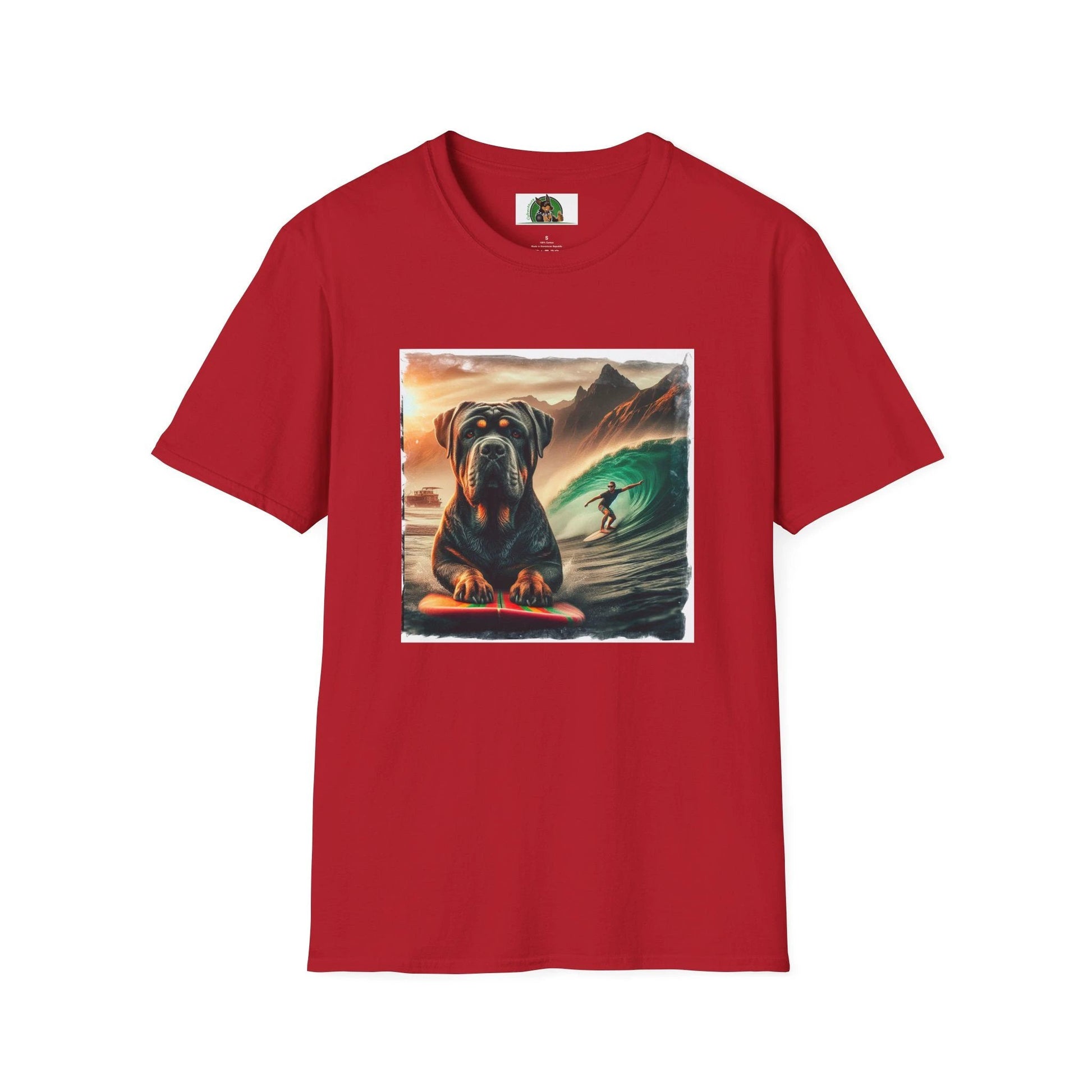 Cane Corso Surfer Dog At The Beach Italian Mastiff Portrait For Dog Lovers And Beach Decor Enthusiasts T-Shirt Printify S Cherry Red