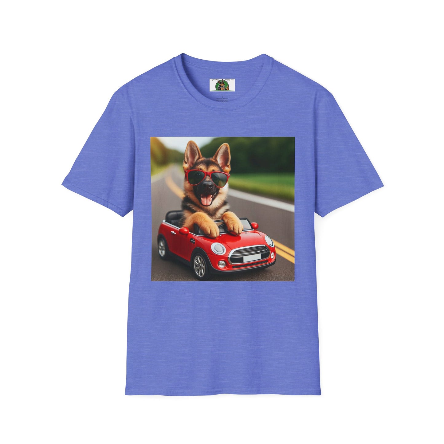 German Shepherd in a Wacky Little Car T-Shirt Printify Heather Royal S 