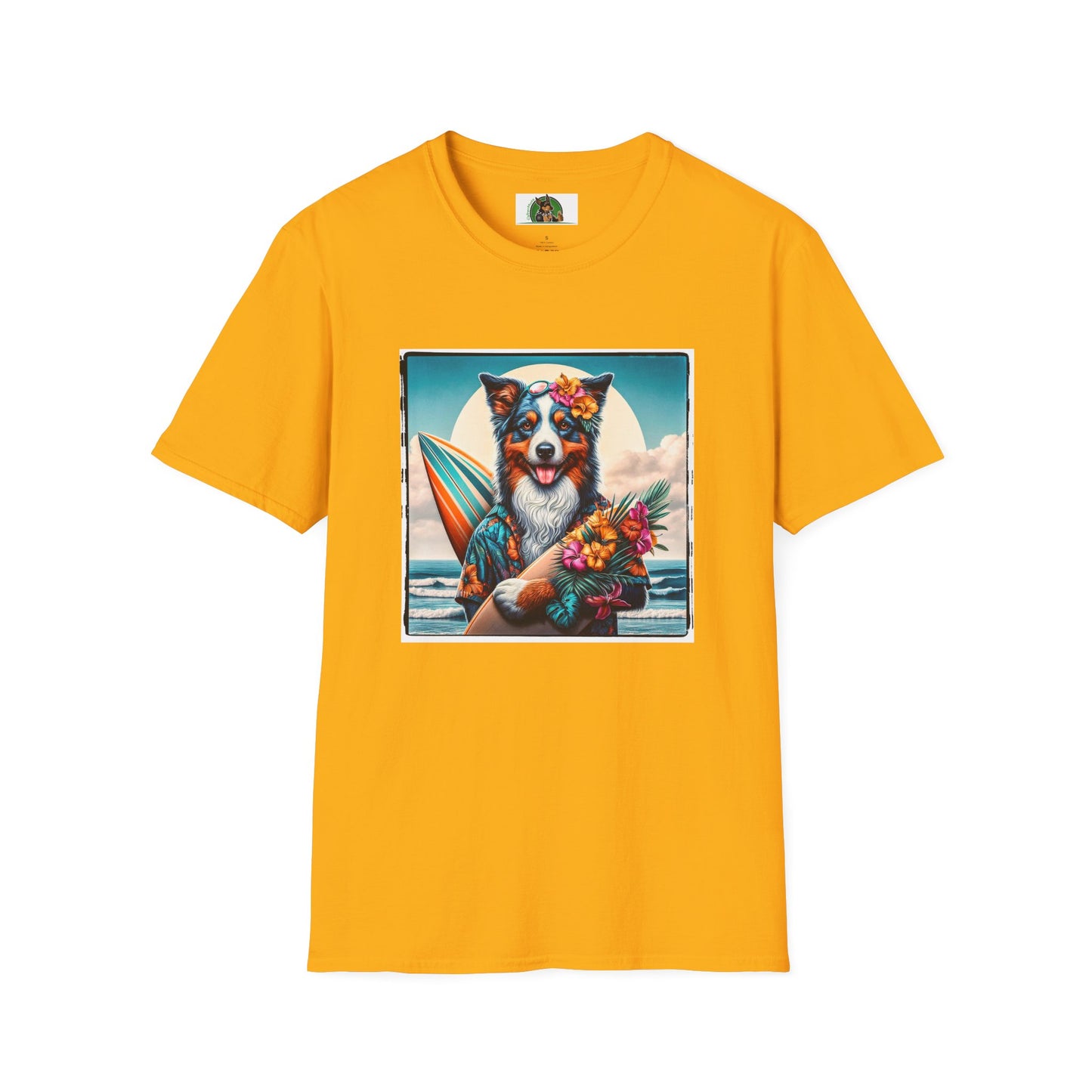 Australian Shepherd Floral Beach Surfer T-Shirt Printify S Gold