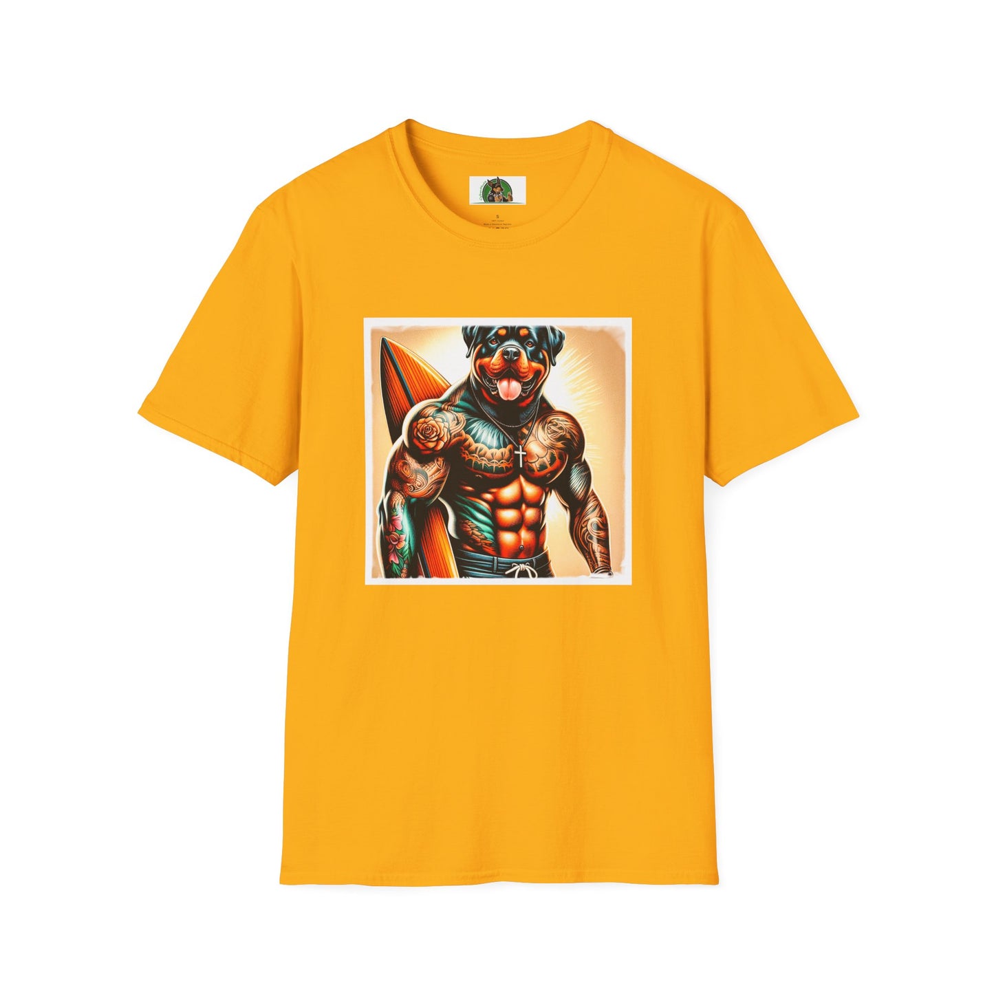 Rottweiler muscles surfer T-Shirt Printify S Gold