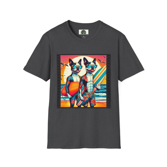 T-Shirt Boston Terrier Tattoed Surfer Dogs T-Shirt Printify XS Dark Heather