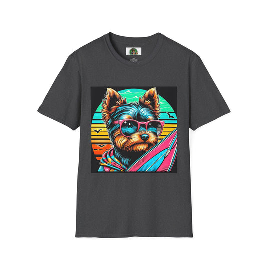Yorkie surfing cutie shirt T-Shirt Printify XS Dark Heather