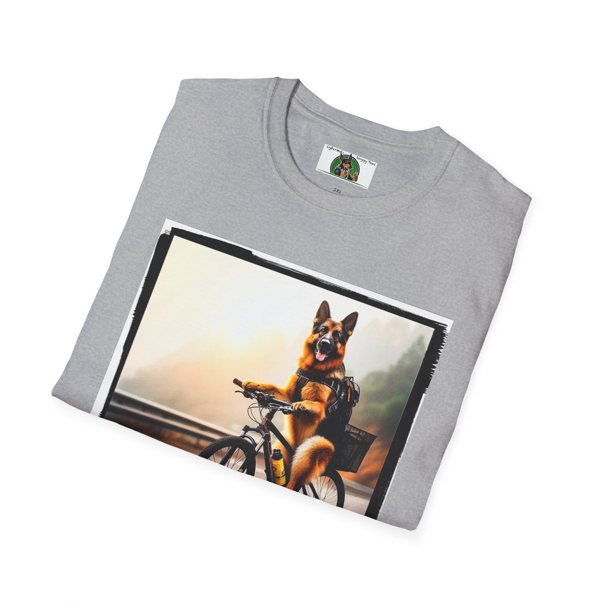 Road Bike German Shepherd Unisex Softstyle T-Shirt T-Shirt Printify